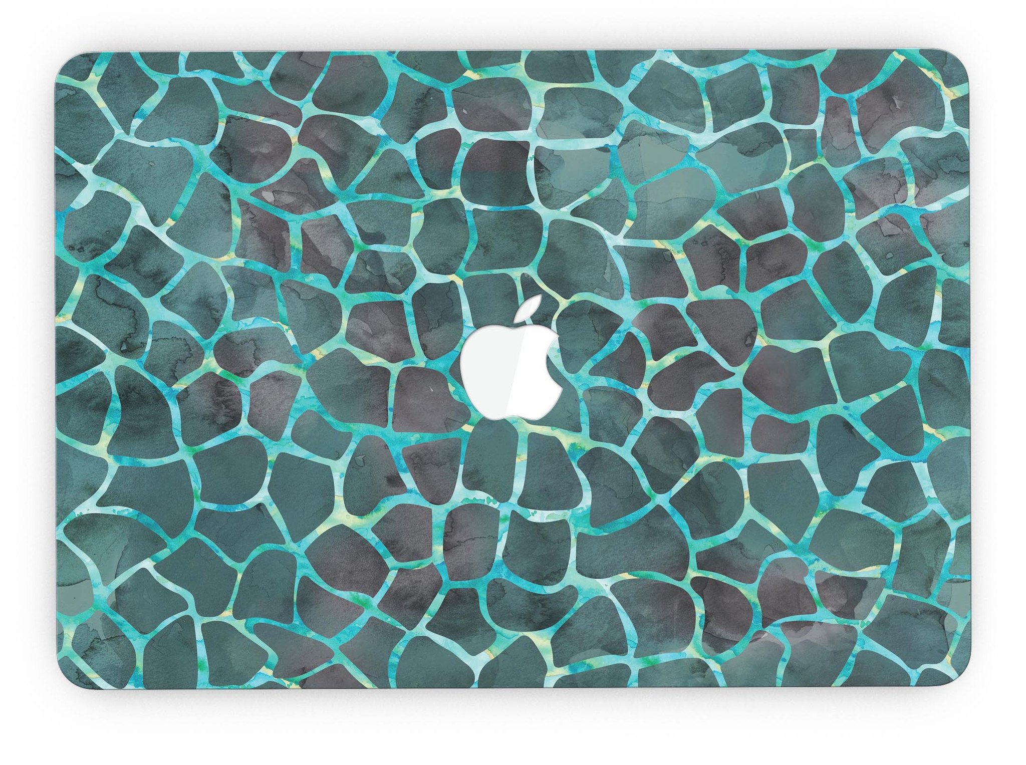 Blue-Green and Black Watercolor Giraffe Pattern skin for MacBook Pro, showcasing vibrant colors and unique design.