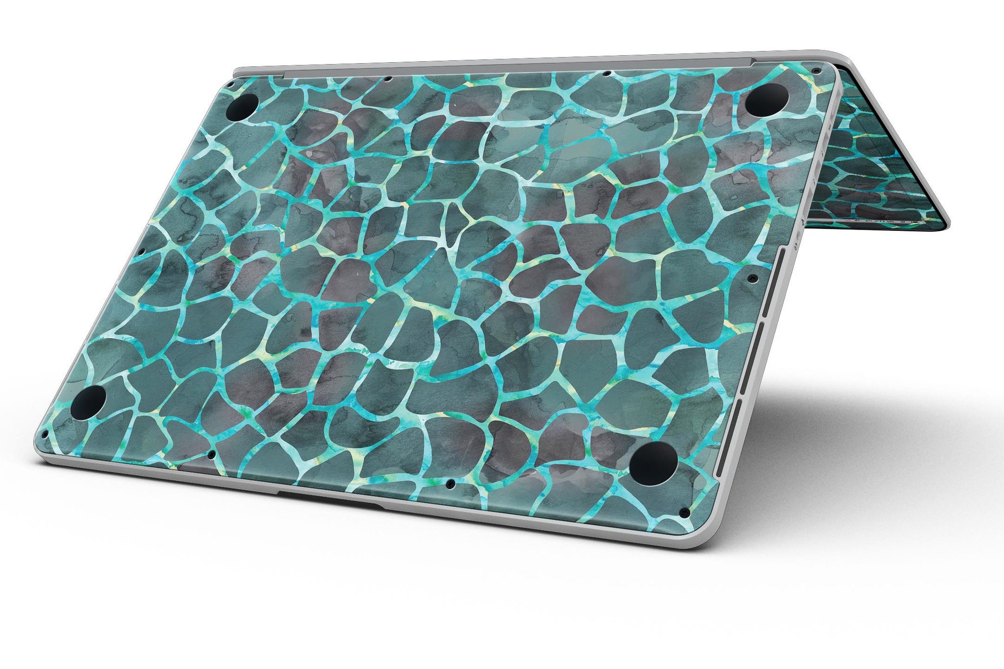 Blue-Green and Black Watercolor Giraffe Pattern skin for MacBook Pro, showcasing vibrant colors and unique design.