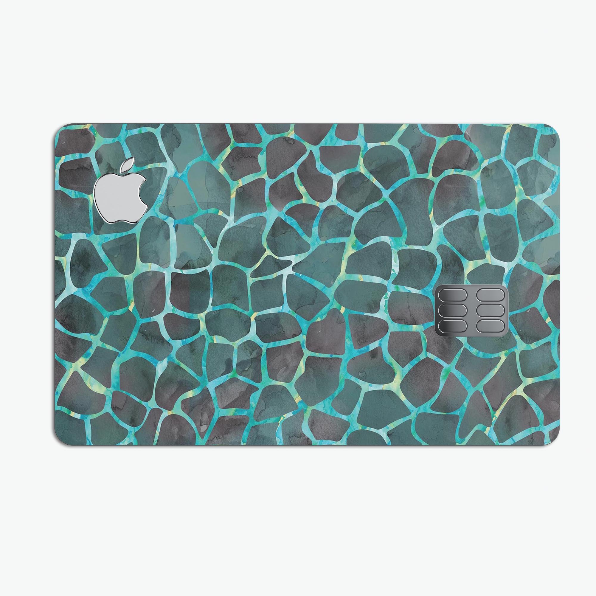 Blue-Green and Black Watercolor Giraffe Pattern skin for Apple Card, showcasing vibrant colors and a stylish design.