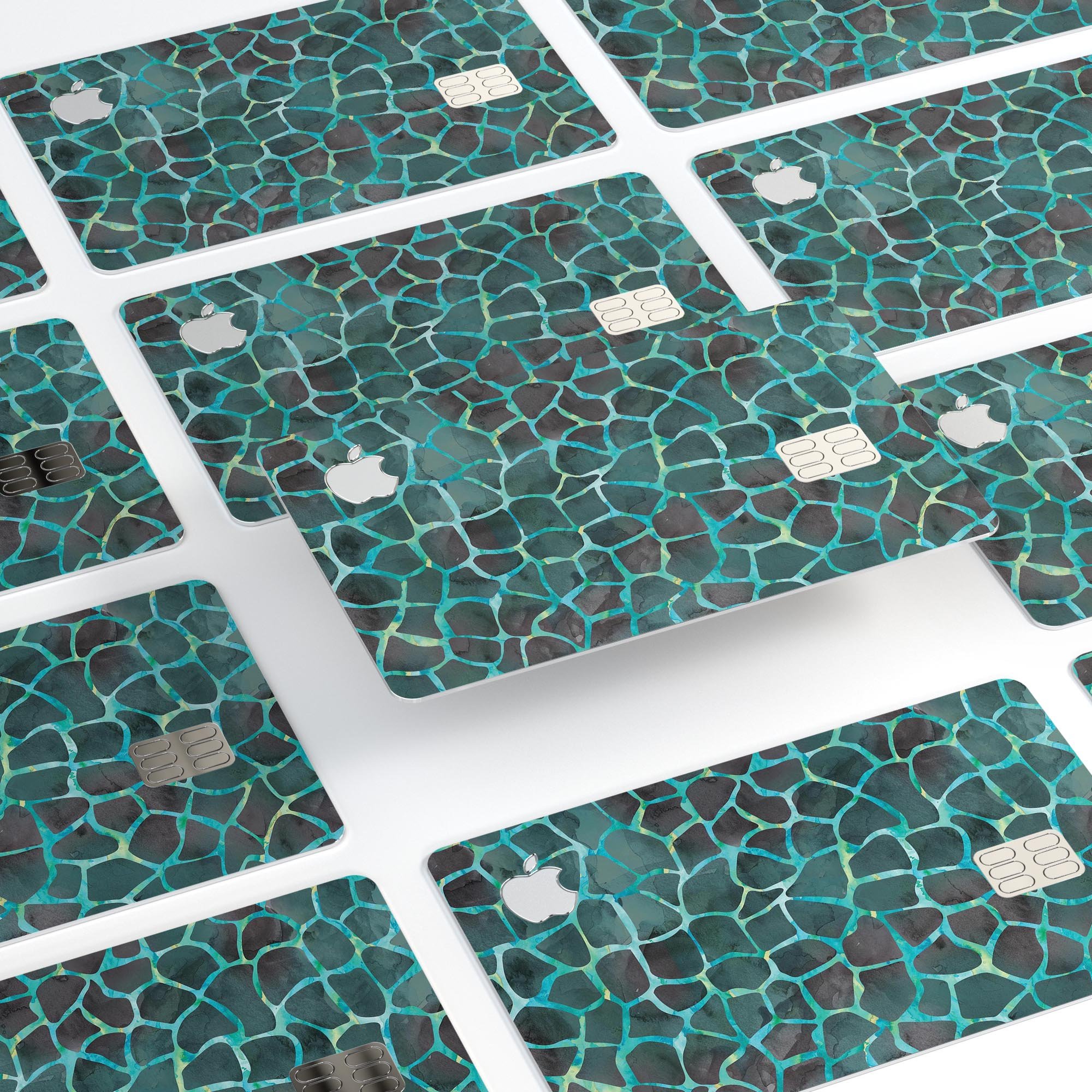 Blue-Green and Black Watercolor Giraffe Pattern skin for Apple Card, showcasing vibrant colors and a stylish design.