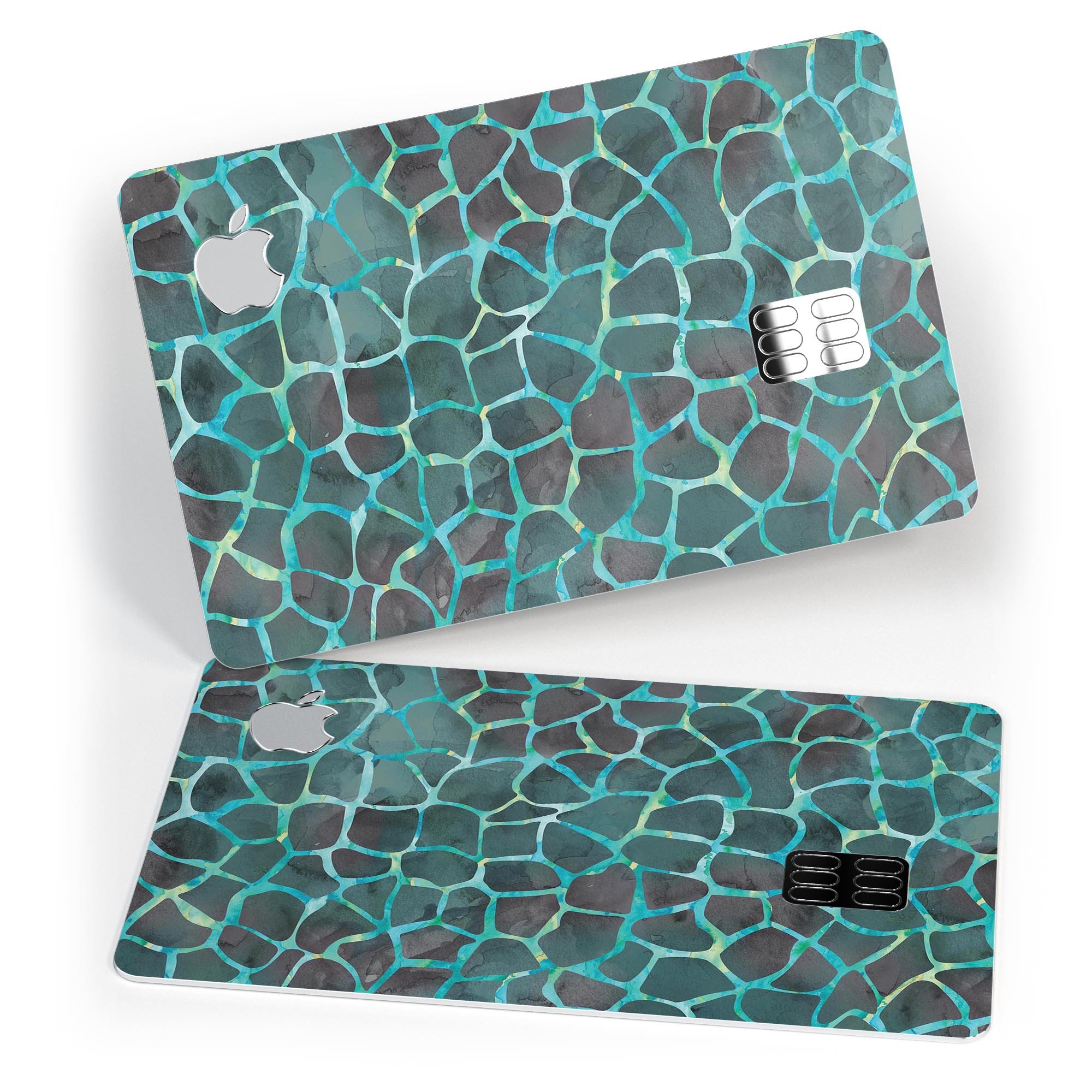 Blue-Green and Black Watercolor Giraffe Pattern skin for Apple Card, showcasing vibrant colors and a stylish design.