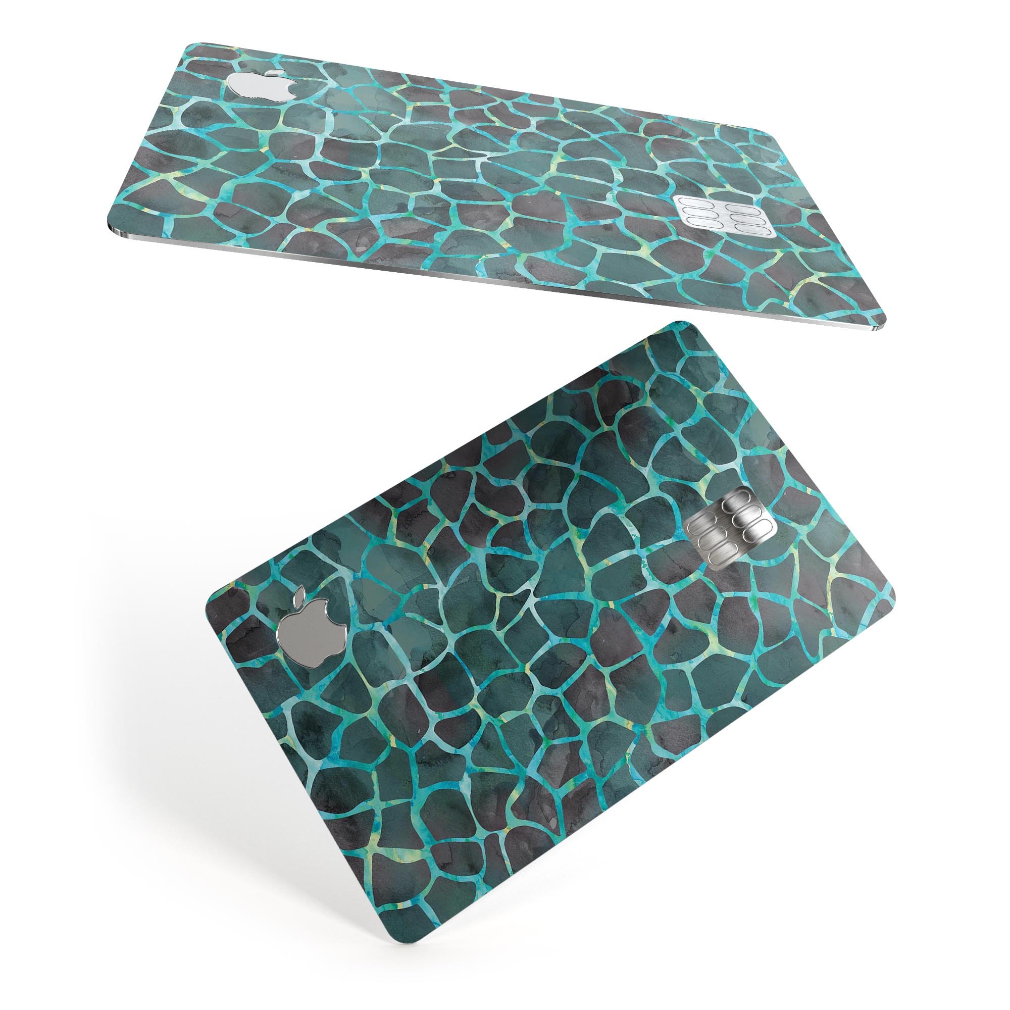 Blue-Green and Black Watercolor Giraffe Pattern skin for Apple Card, showcasing vibrant colors and a stylish design.