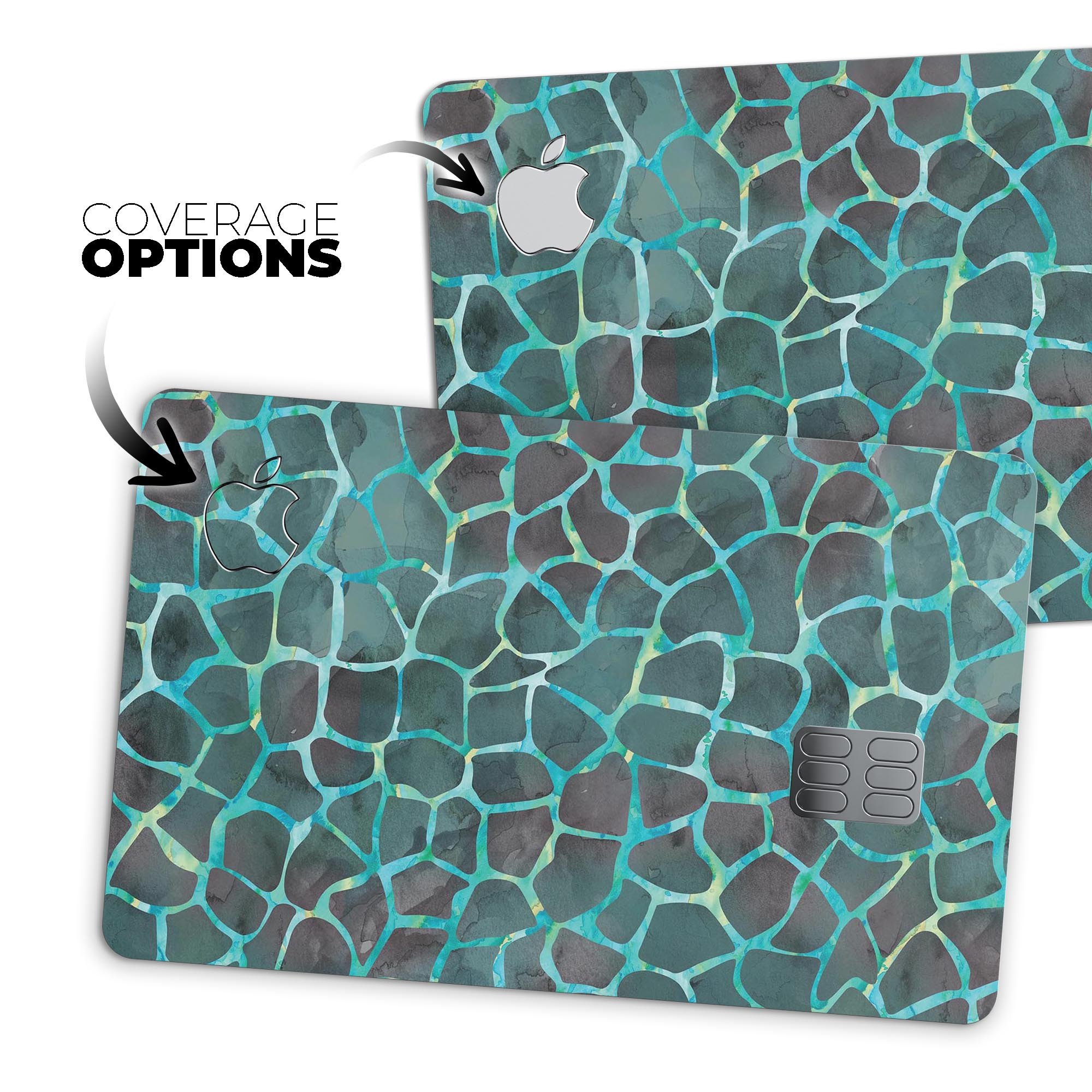 Blue-Green and Black Watercolor Giraffe Pattern skin for Apple Card, showcasing vibrant colors and a stylish design.