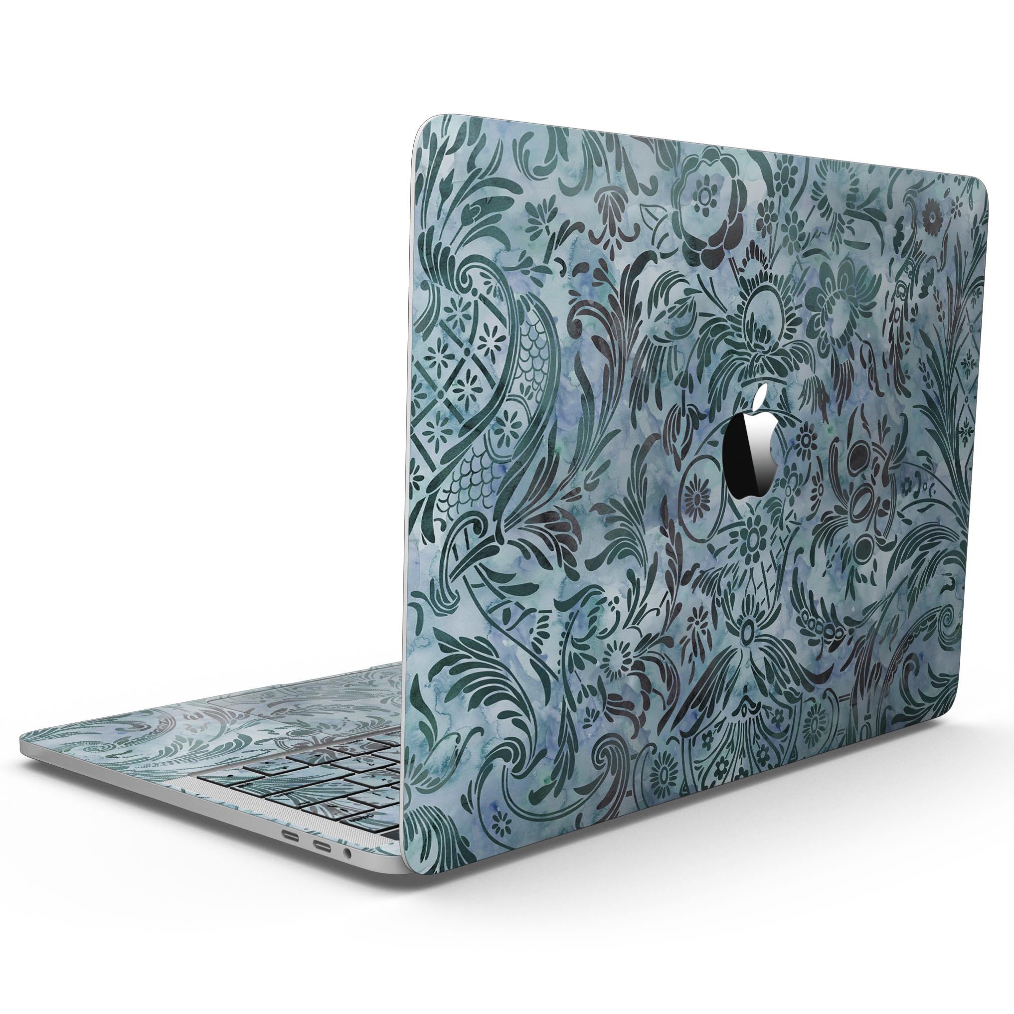 Blue-Green Damask Watercolor Pattern skin for 13" MacBook Pro without Touch Bar, showcasing vibrant colors and intricate design.