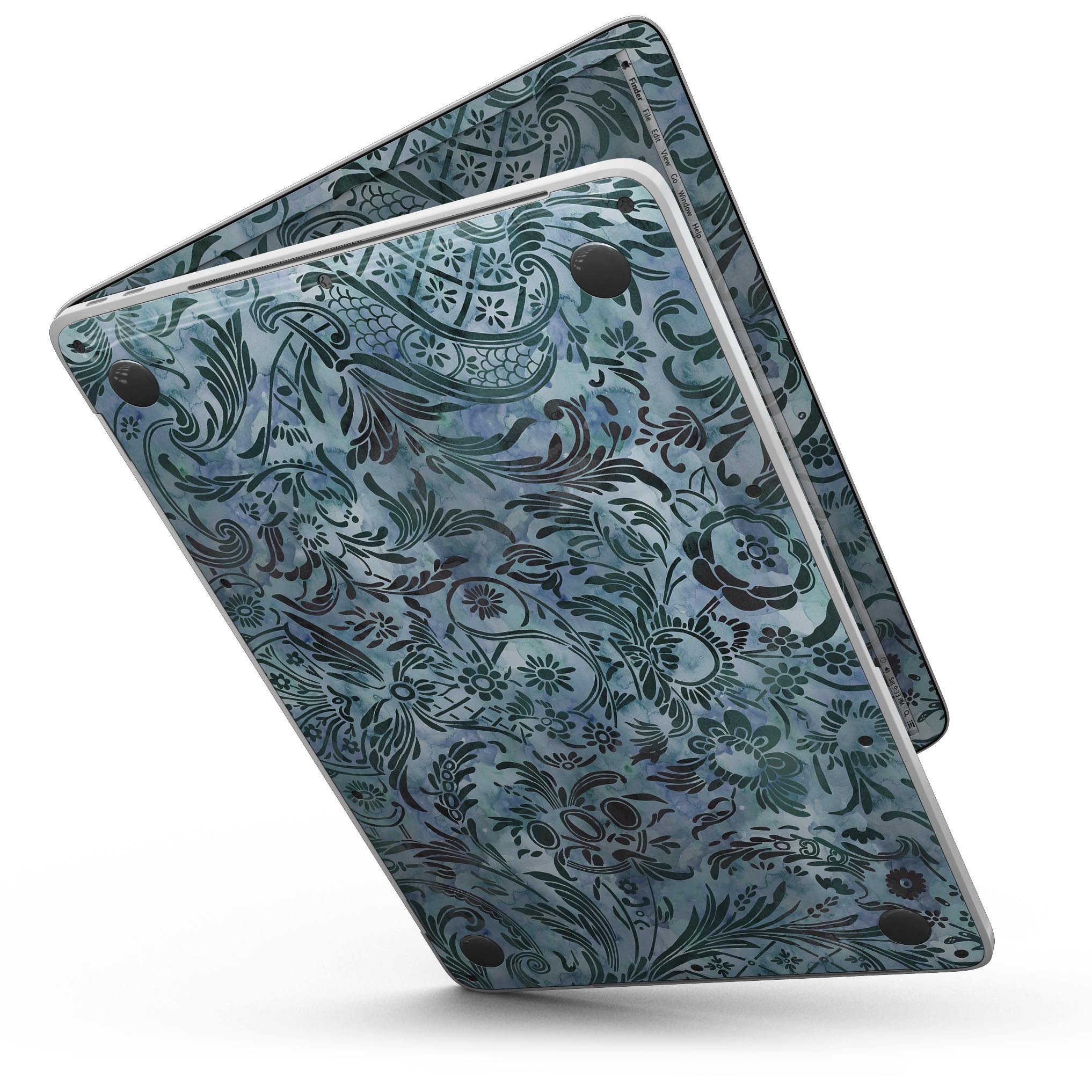 Blue-Green Damask Watercolor Pattern skin for 13" MacBook Pro without Touch Bar, showcasing vibrant colors and intricate design.