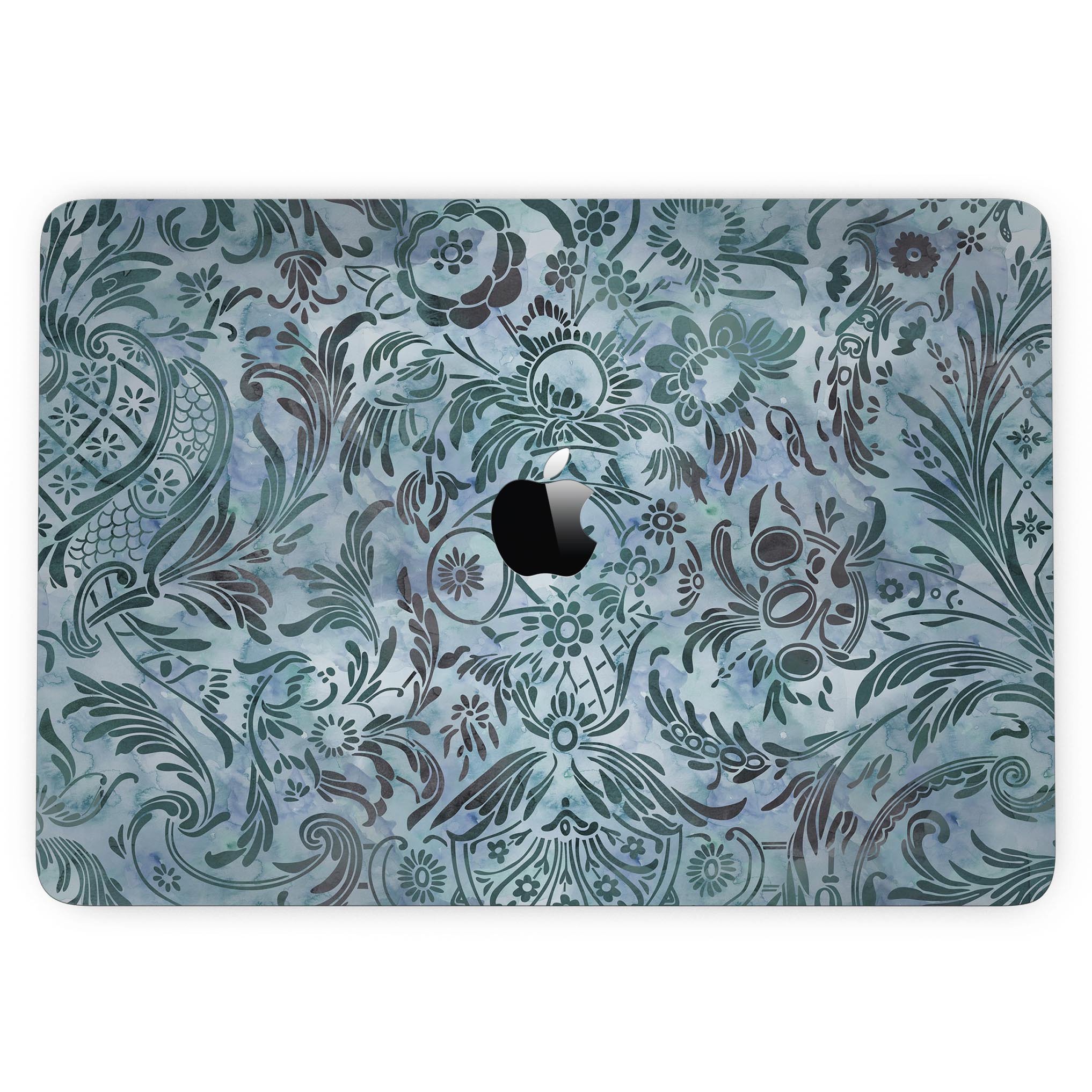 Blue-Green Damask Watercolor Pattern skin for 13" MacBook Pro without Touch Bar, showcasing vibrant colors and intricate design.