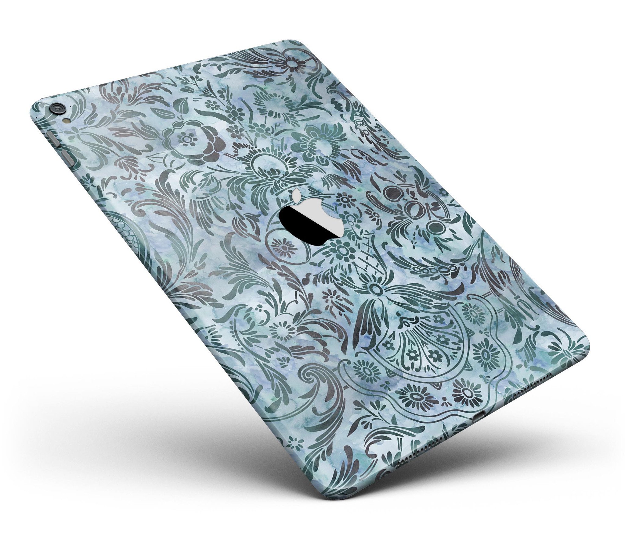 Blue-Green Damask Watercolor Pattern Full Body Skin for iPad Pro, showcasing vibrant colors and intricate design.