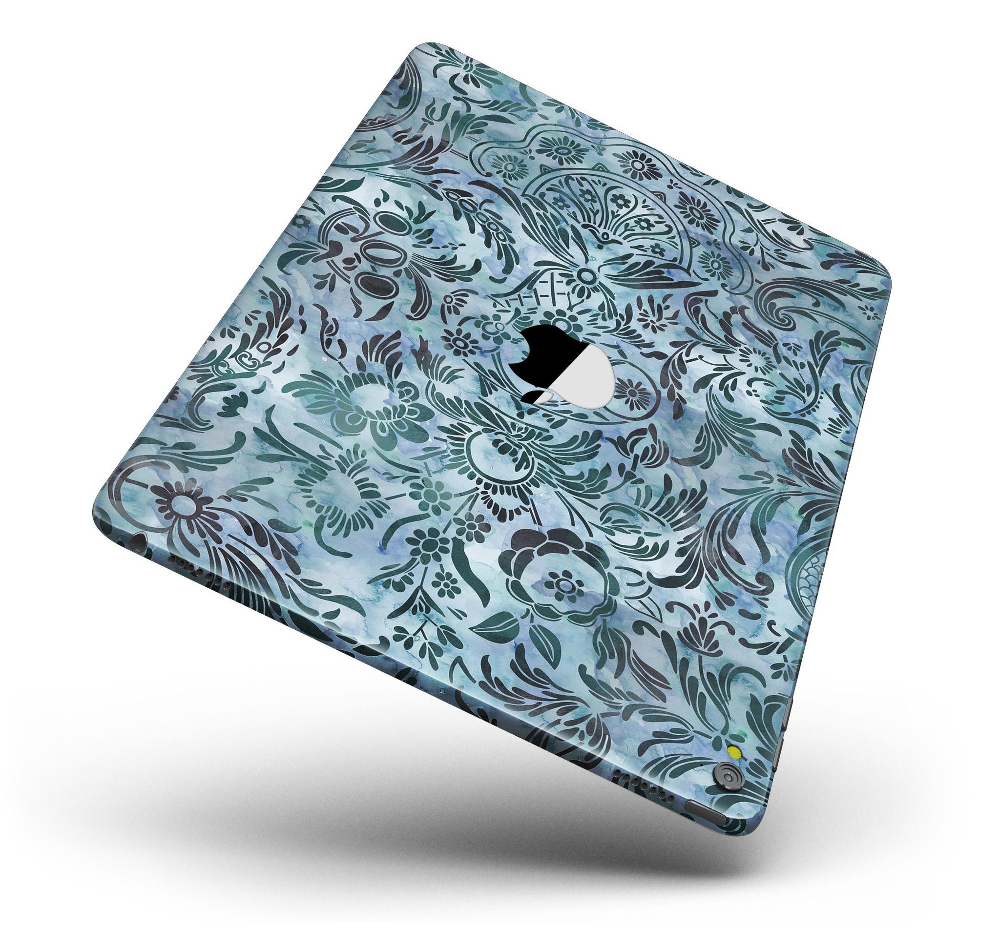 Blue-Green Damask Watercolor Pattern Full Body Skin for iPad Pro, showcasing vibrant colors and intricate design.