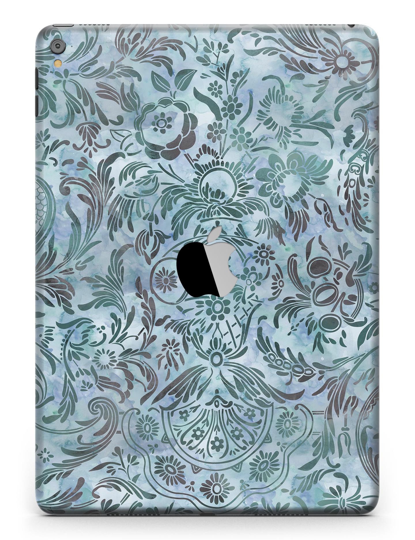 Blue-Green Damask Watercolor Pattern Full Body Skin for iPad Pro, showcasing vibrant colors and intricate design.