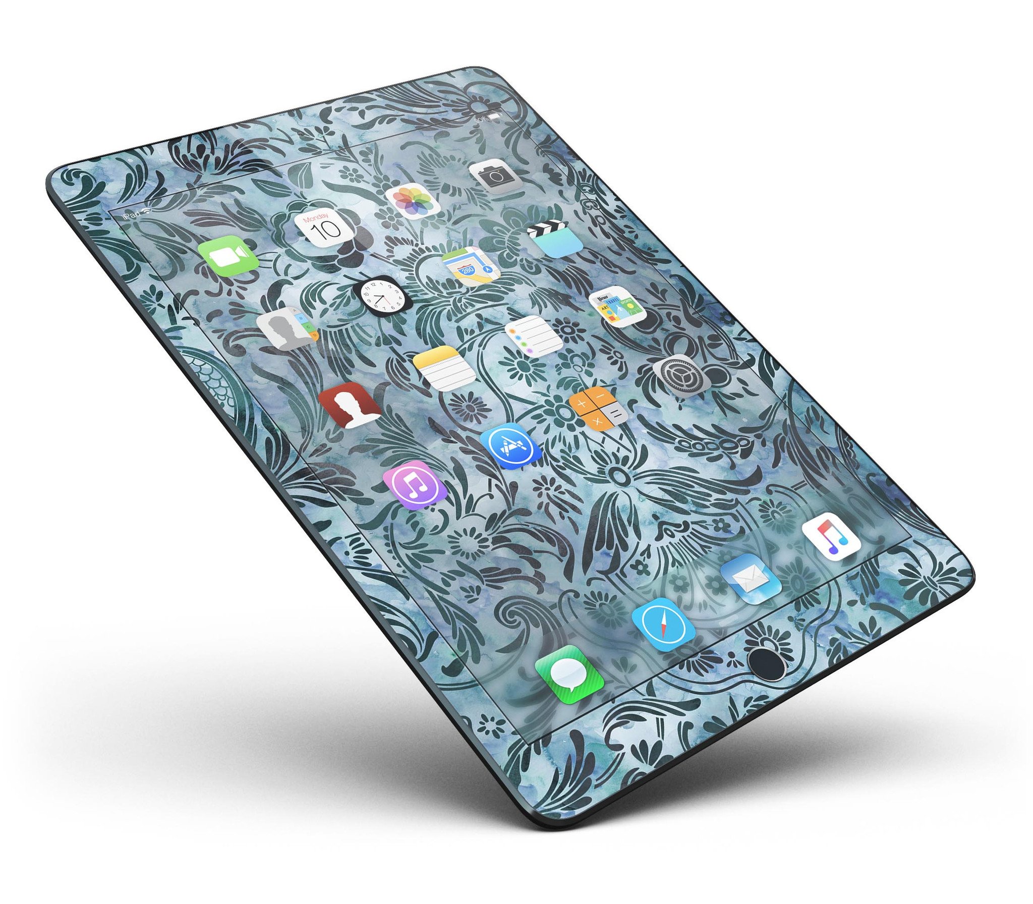 Blue-Green Damask Watercolor Pattern Full Body Skin for iPad Pro, showcasing vibrant colors and intricate design.