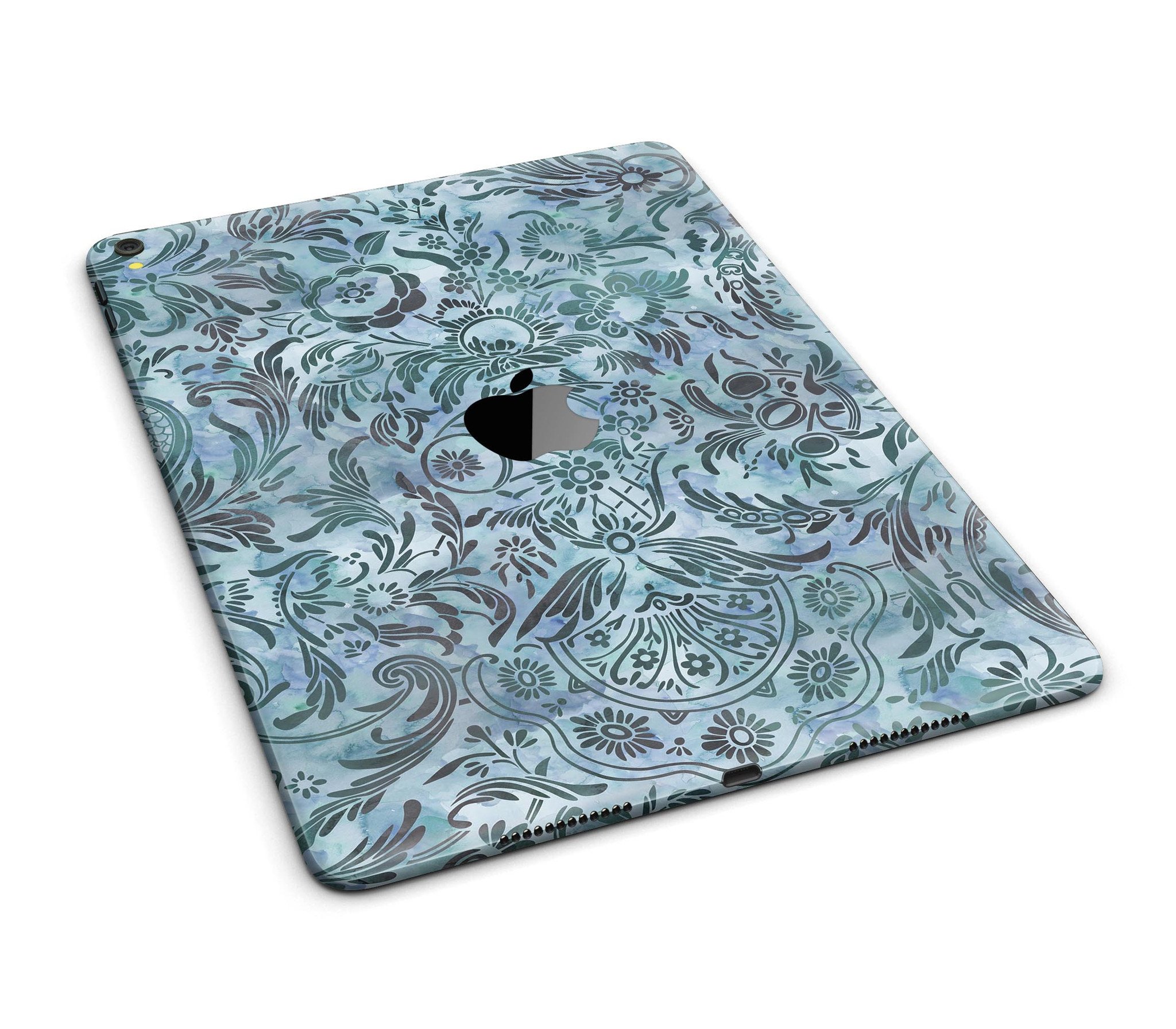 Blue-Green Damask Watercolor Pattern Full Body Skin for iPad Pro, showcasing vibrant colors and intricate design.