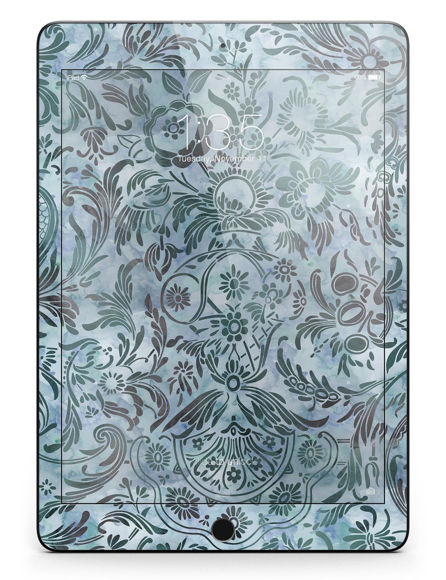 Blue-Green Damask Watercolor Pattern Full Body Skin for iPad Pro, showcasing vibrant colors and intricate design.