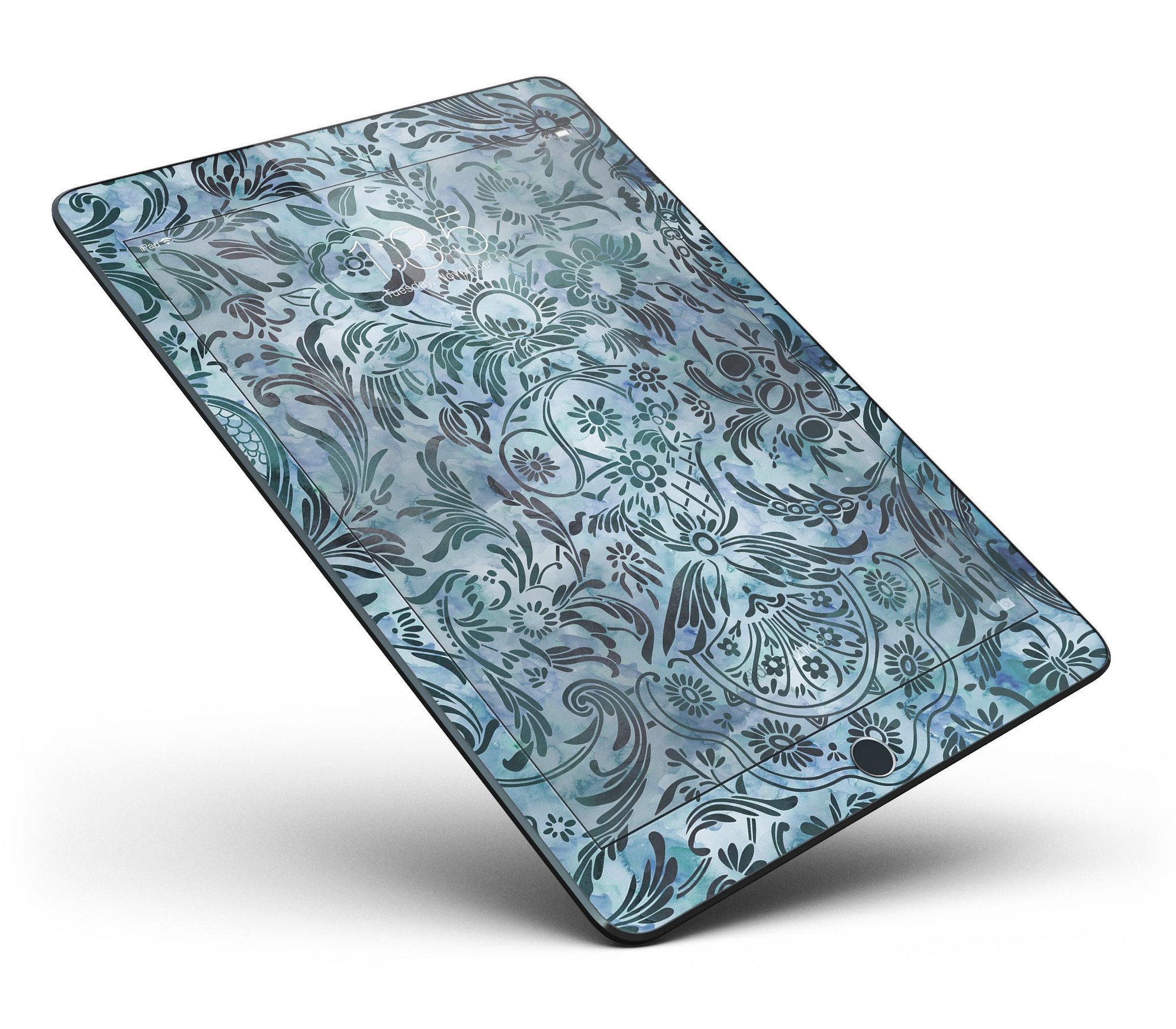 Blue-Green Damask Watercolor Pattern Full Body Skin for iPad Pro, showcasing vibrant colors and intricate design.