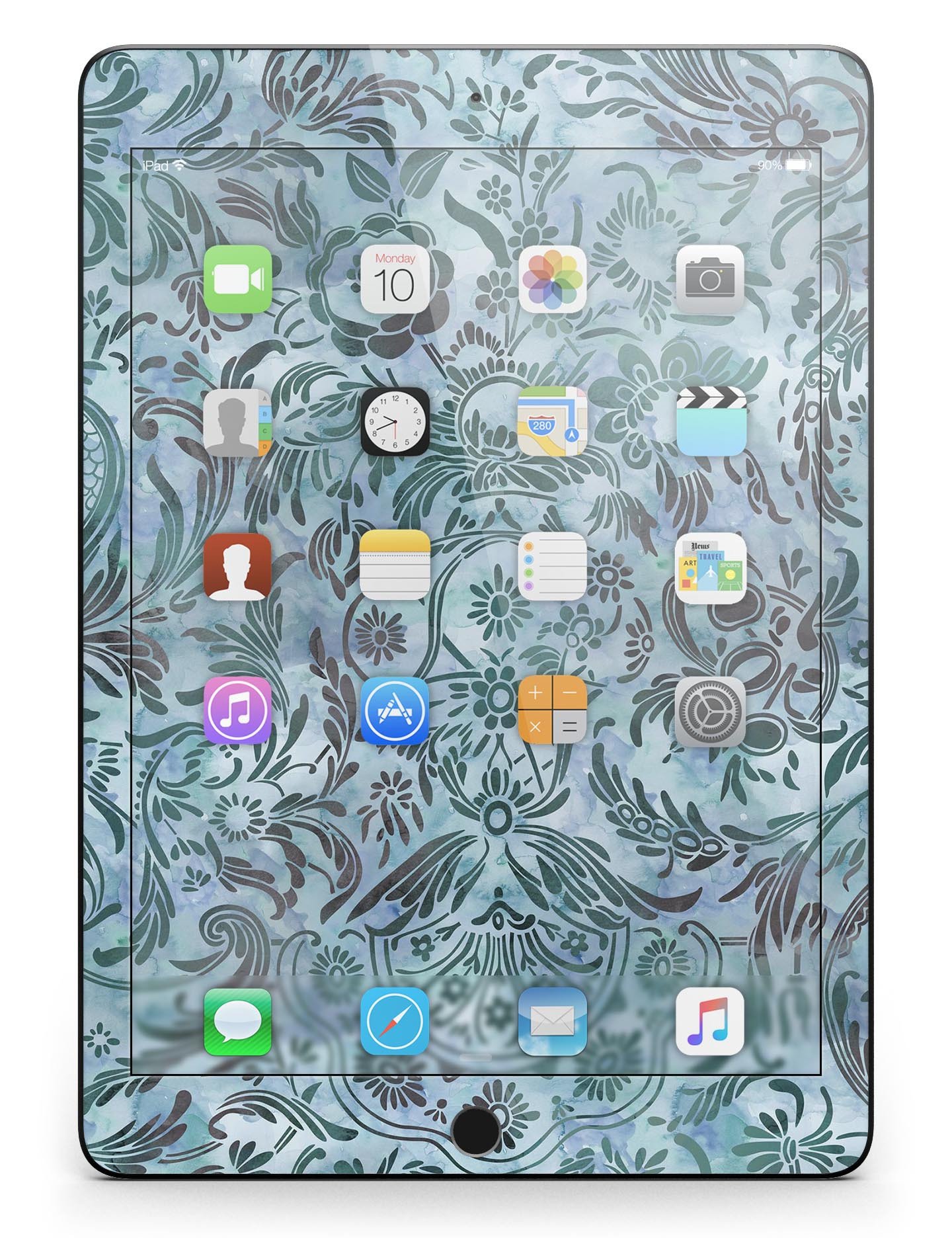 Blue-Green Damask Watercolor Pattern Full Body Skin for iPad Pro, showcasing vibrant colors and intricate design.