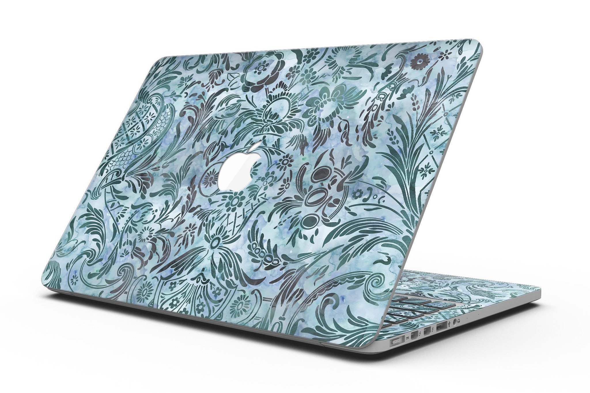 Blue-Green Damask Watercolor Pattern skin for MacBook Pro with Retina Display, showcasing vibrant colors and intricate design.