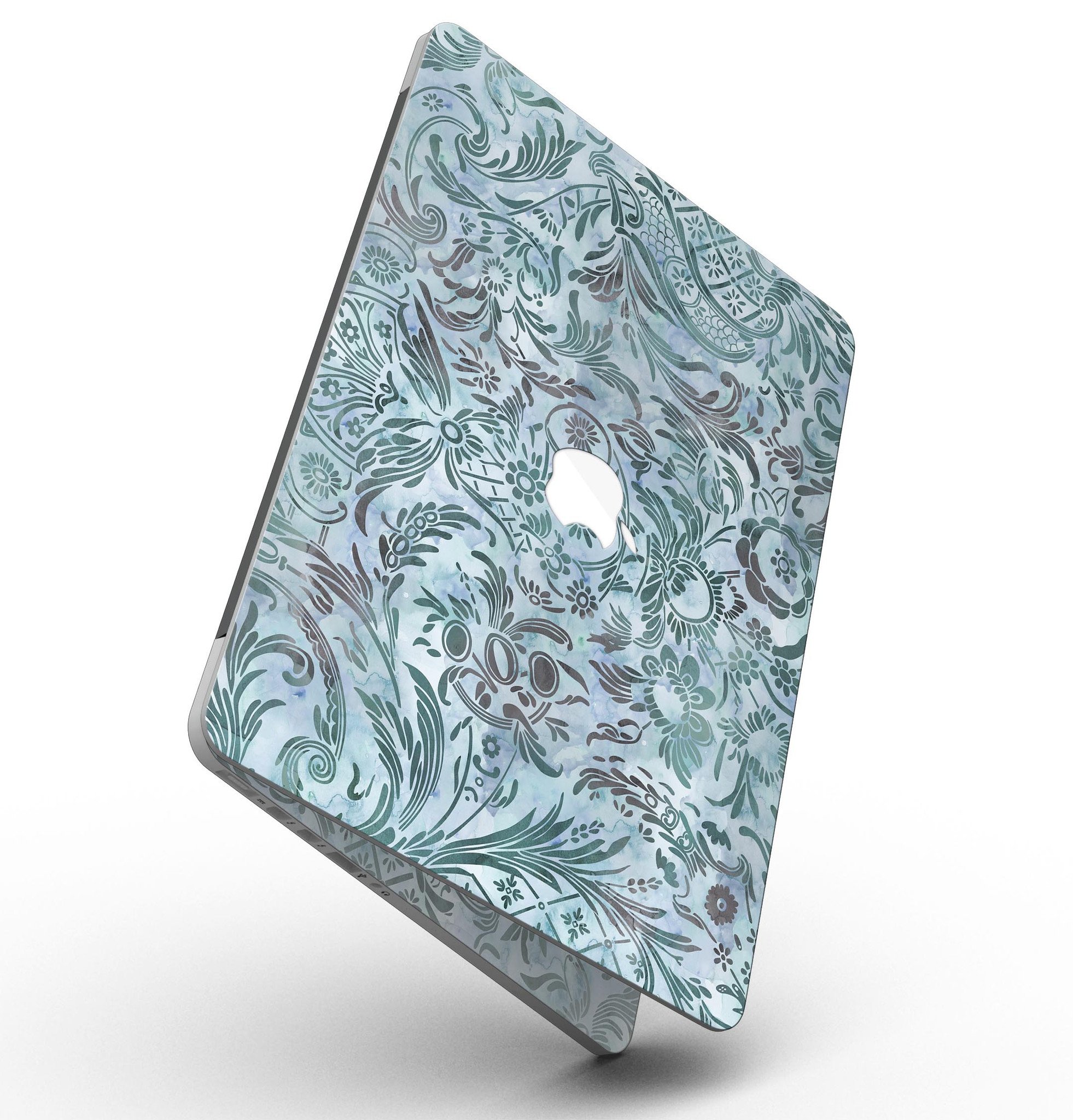 Blue-Green Damask Watercolor Pattern skin for MacBook Pro with Retina Display, showcasing vibrant colors and intricate design.