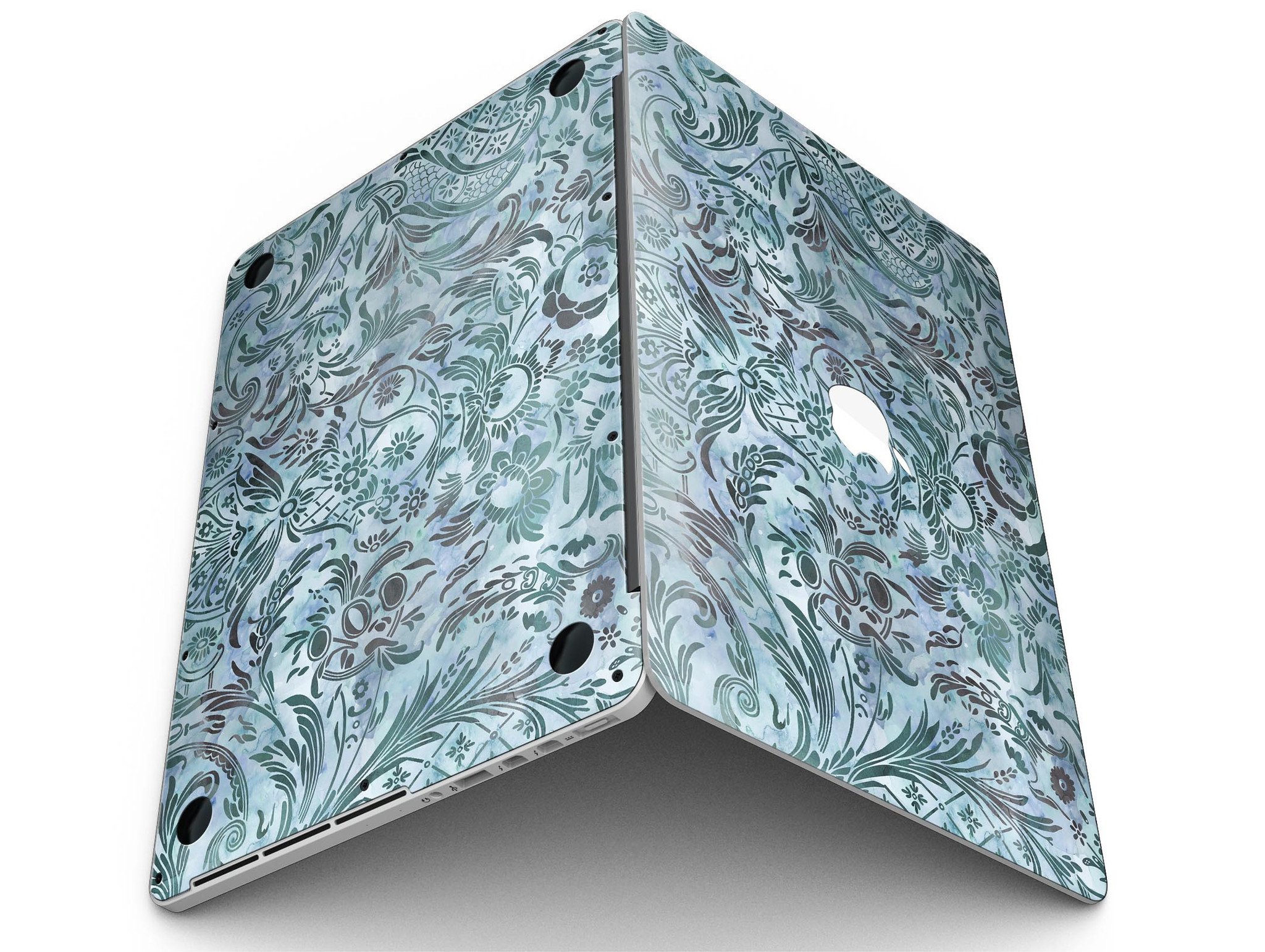 Blue-Green Damask Watercolor Pattern skin for MacBook Pro with Retina Display, showcasing vibrant colors and intricate design.