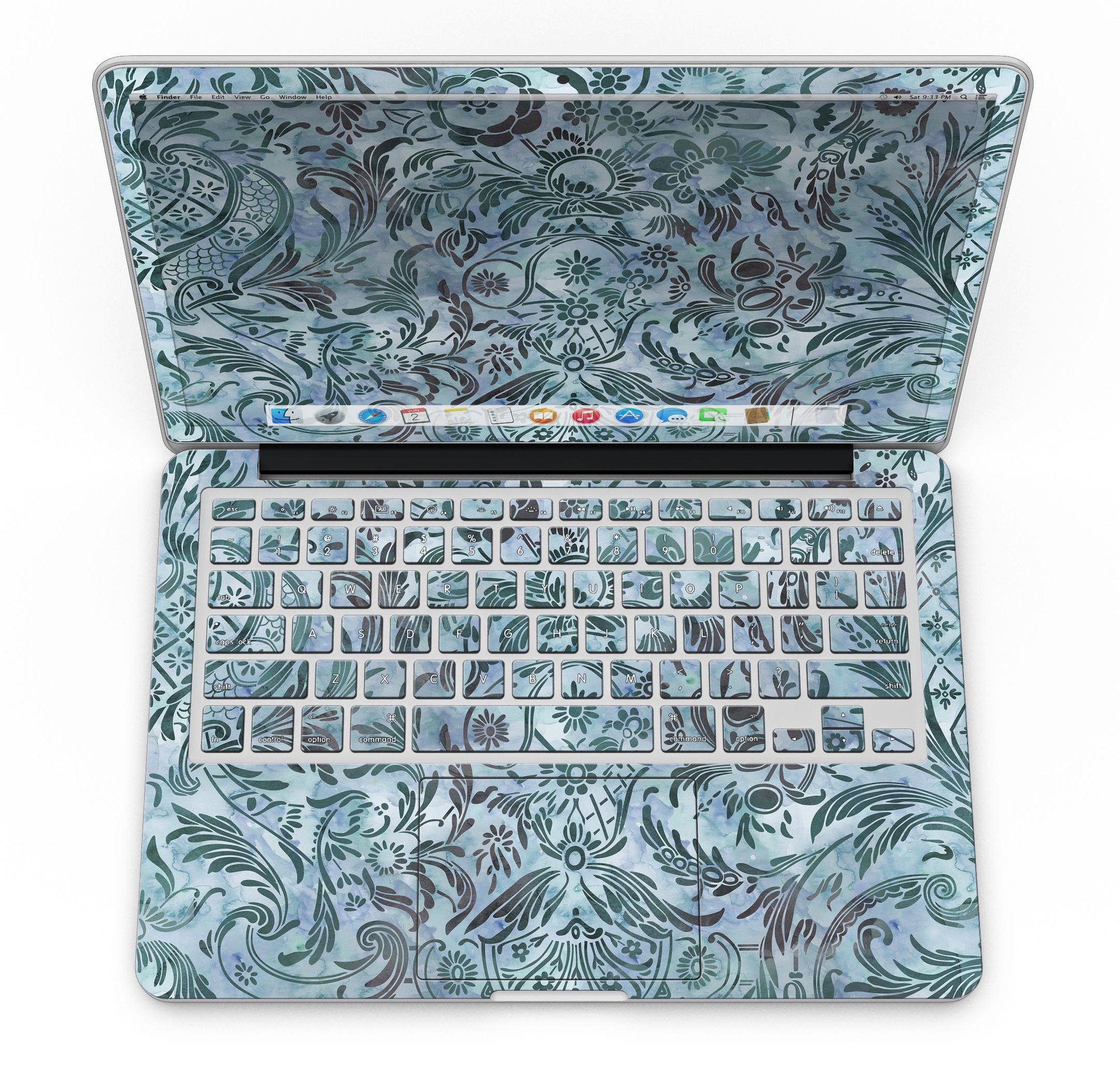 Blue-Green Damask Watercolor Pattern skin for MacBook Pro with Retina Display, showcasing vibrant colors and intricate design.