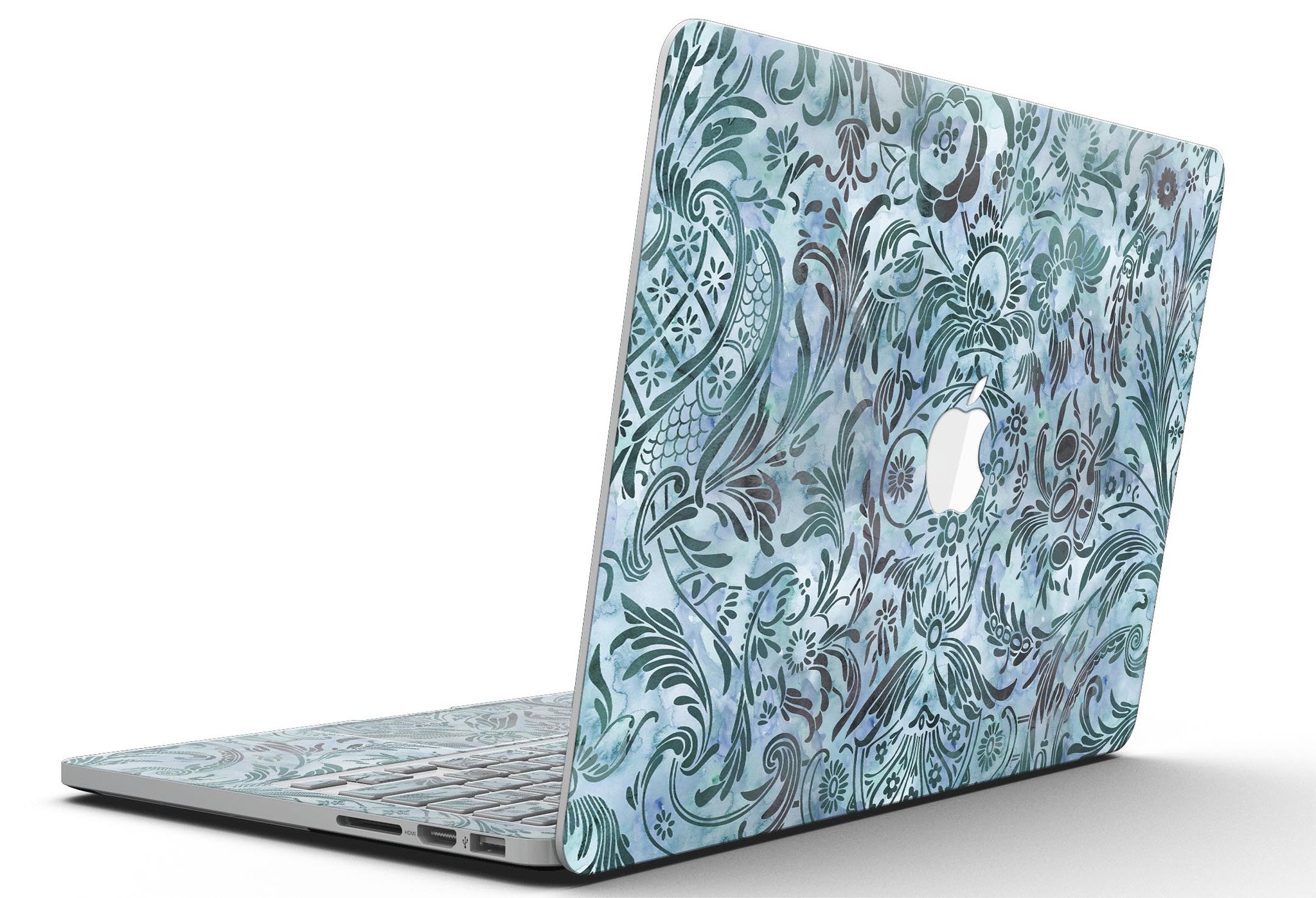 Blue-Green Damask Watercolor Pattern skin for MacBook Pro with Retina Display, showcasing vibrant colors and intricate design.