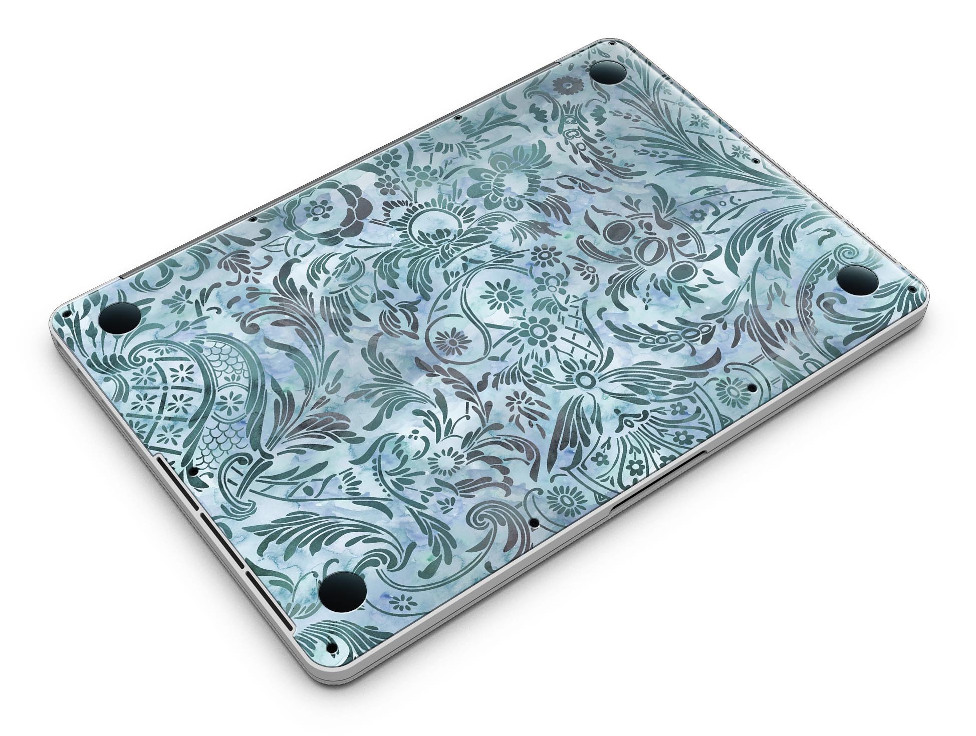 Blue-Green Damask Watercolor Pattern skin for MacBook Pro with Retina Display, showcasing vibrant colors and intricate design.