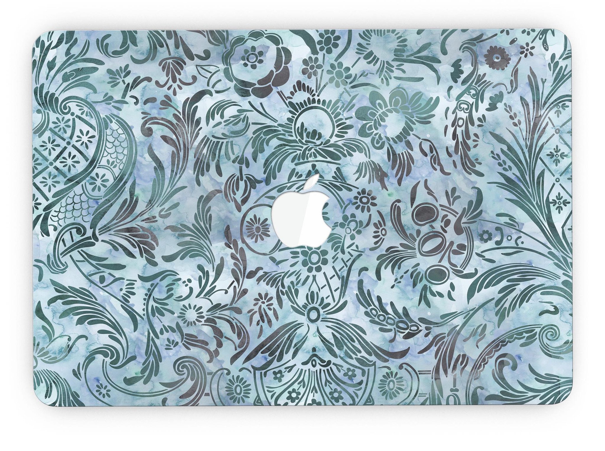 Blue-Green Damask Watercolor Pattern skin for MacBook Pro with Retina Display, showcasing vibrant colors and intricate design.