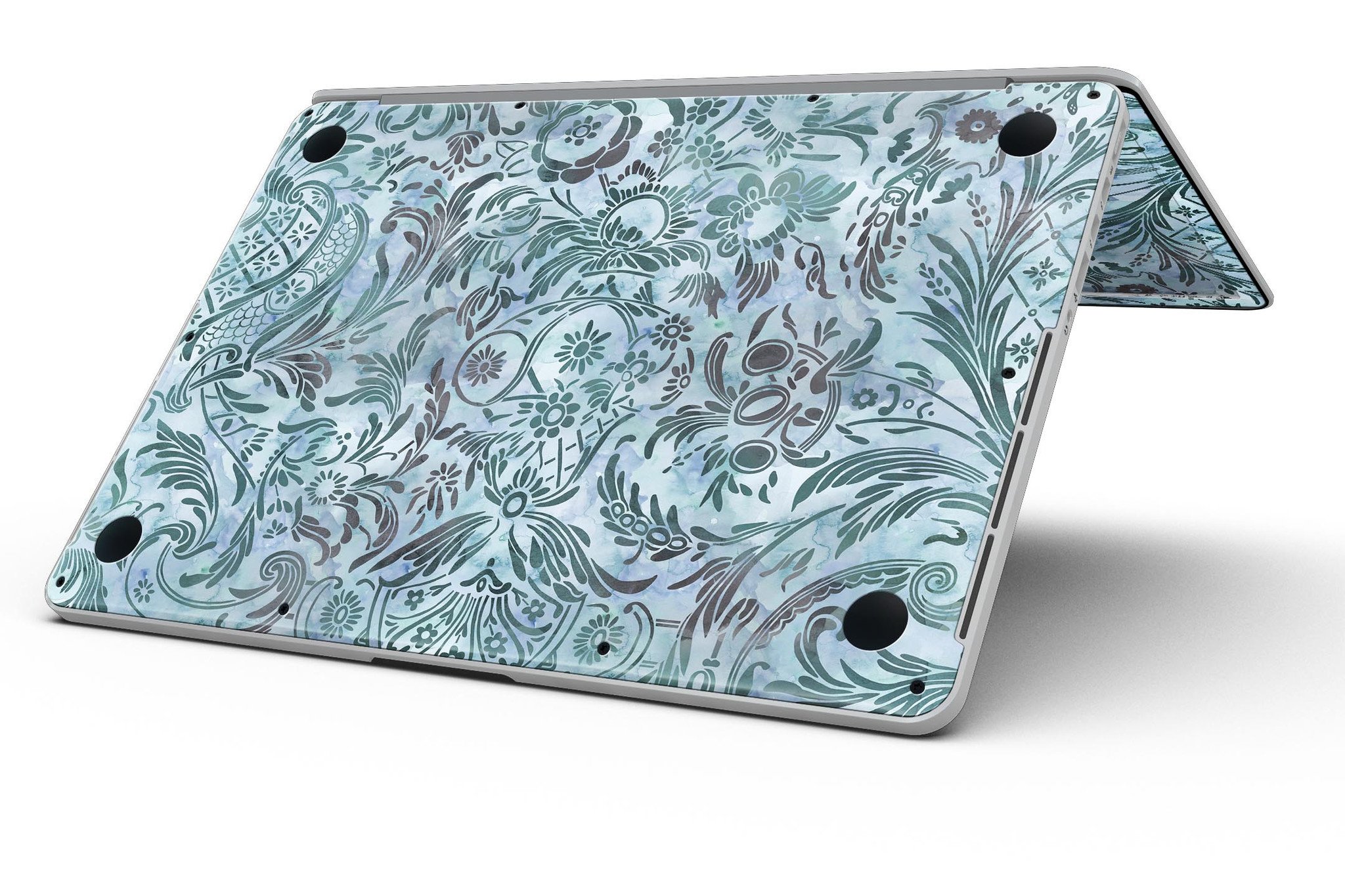 Blue-Green Damask Watercolor Pattern skin for MacBook Pro with Retina Display, showcasing vibrant colors and intricate design.