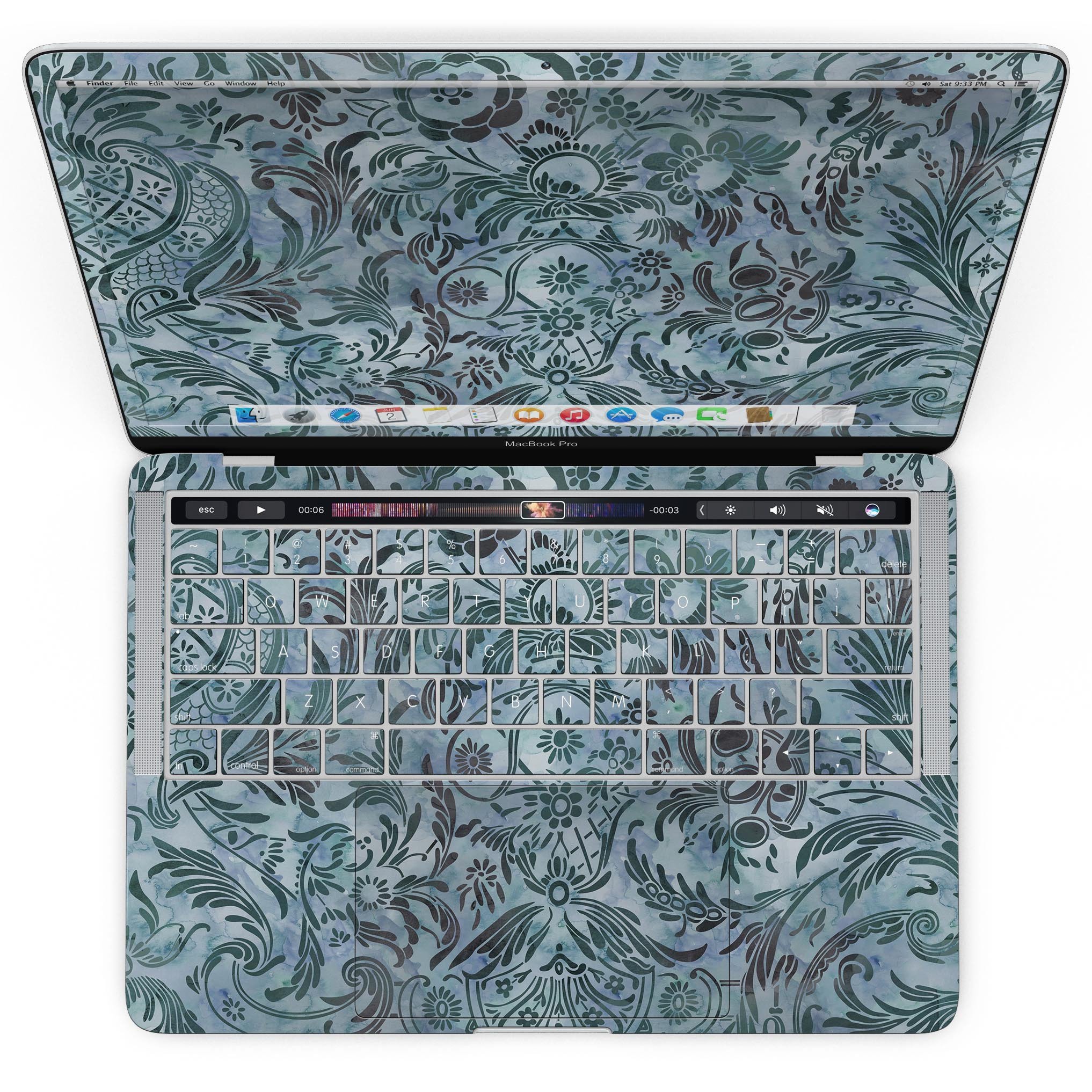 Blue-Green Damask Watercolor Pattern skin for MacBook Pro with Touch Bar, showcasing vibrant colors and intricate design.