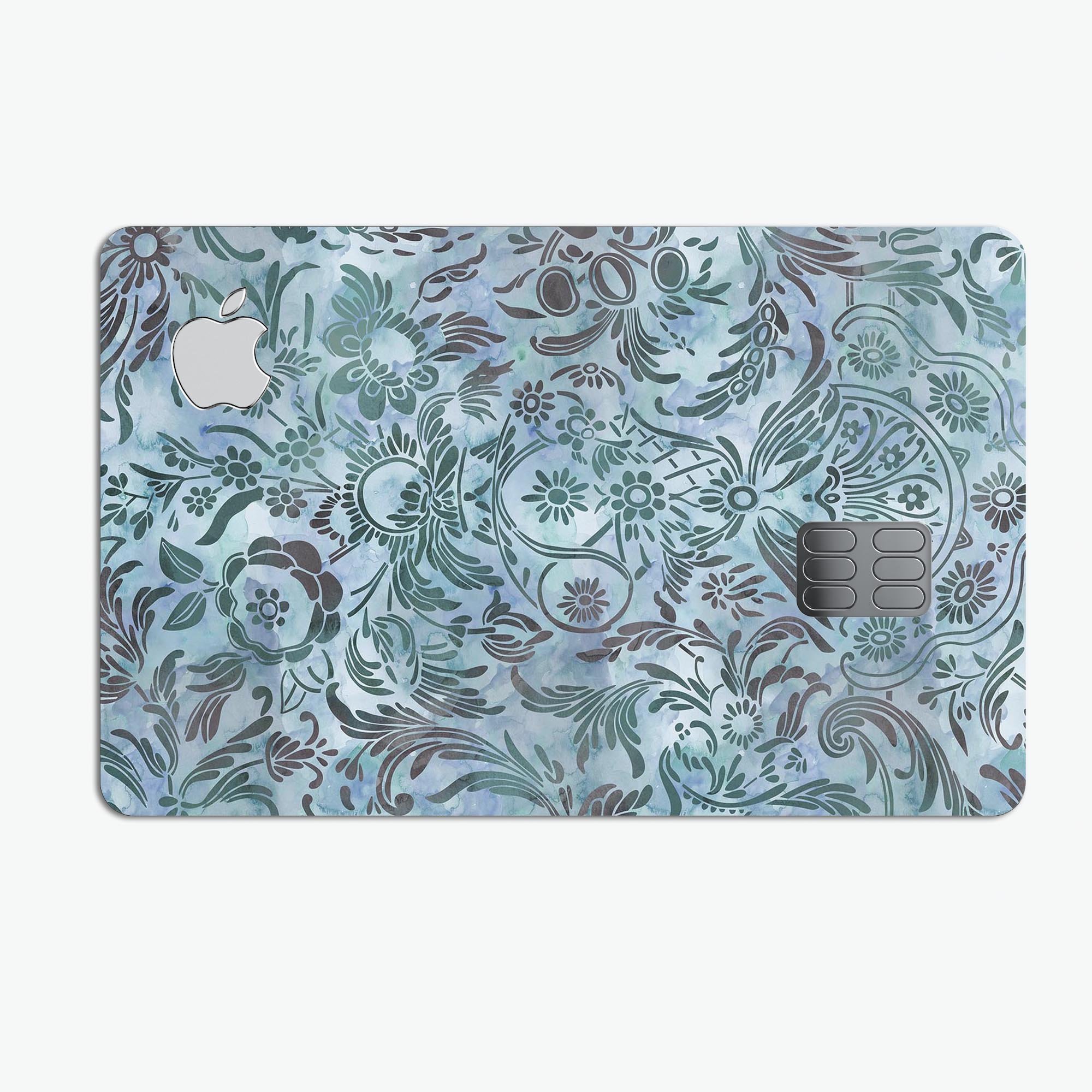 Blue-Green Damask Watercolor Pattern decal for Apple Card, showcasing a vibrant and stylish design.