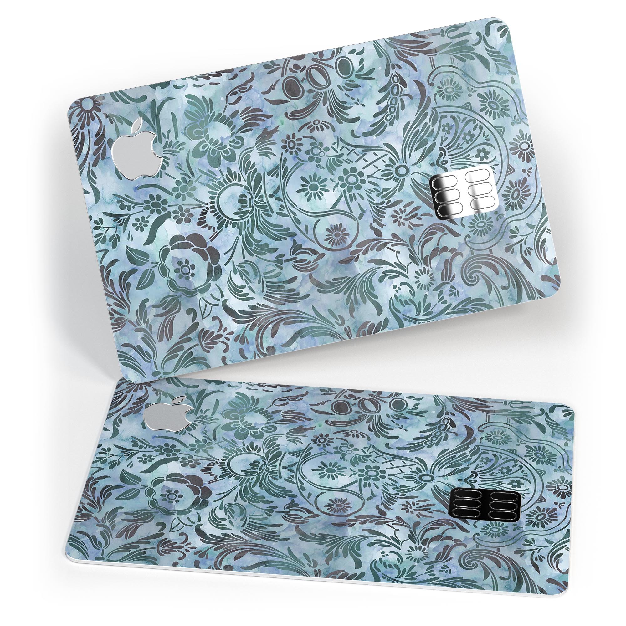 Blue-Green Damask Watercolor Pattern decal for Apple Card, showcasing a vibrant and stylish design.