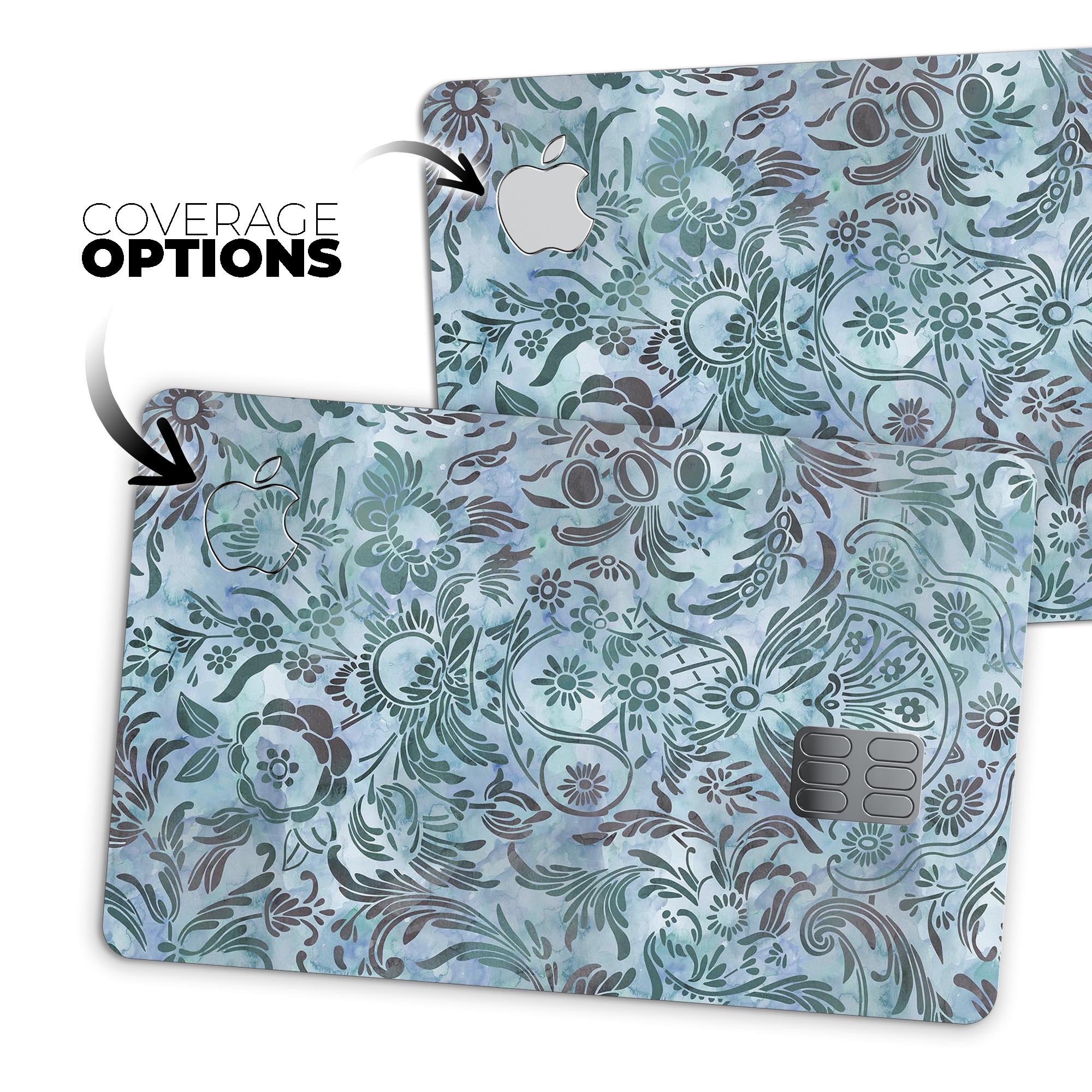 Blue-Green Damask Watercolor Pattern decal for Apple Card, showcasing a vibrant and stylish design.