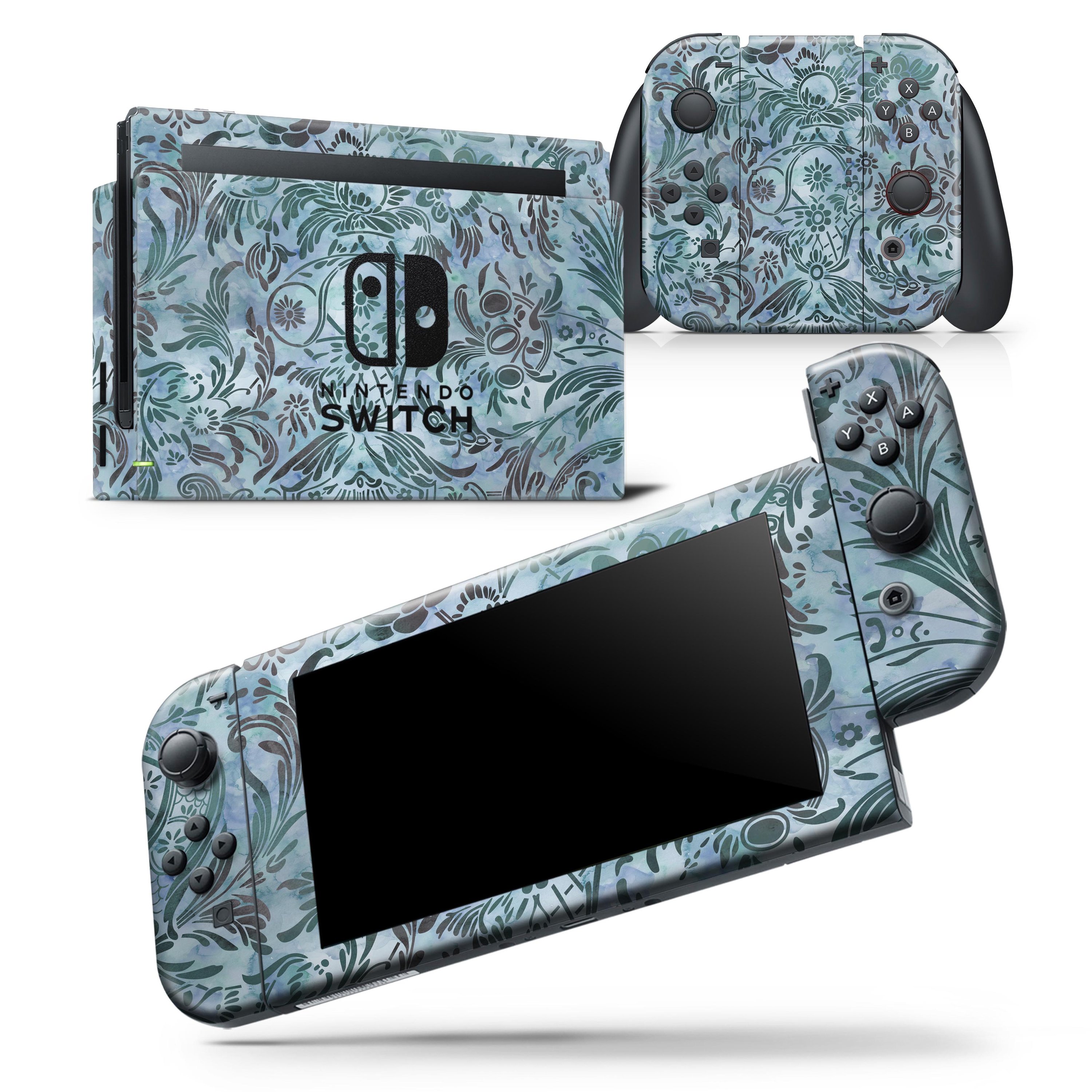 Blue-Green Damask Watercolor Pattern Skin Wrap Decal for Nintendo Switch, showcasing vibrant colors and intricate design.