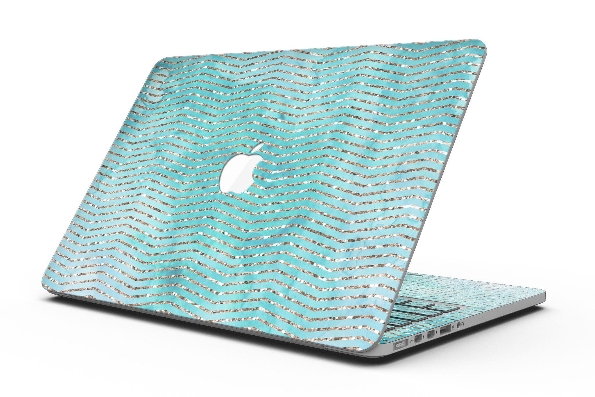 Blue-green watercolor and gold glitter chevron skin for MacBook Pro, showcasing vibrant colors and stylish design.