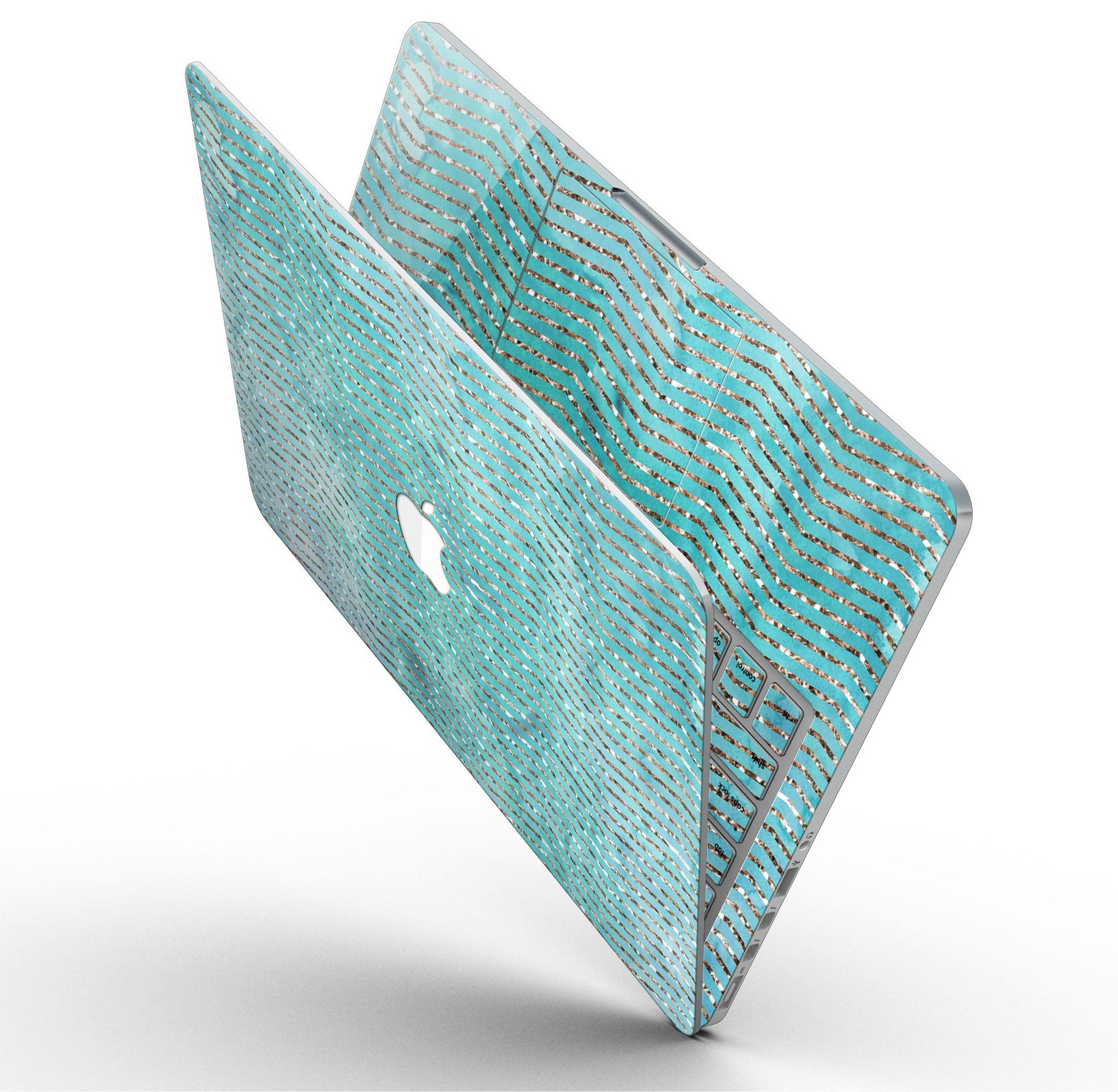 Blue-green watercolor and gold glitter chevron skin for MacBook Pro, showcasing vibrant colors and stylish design.