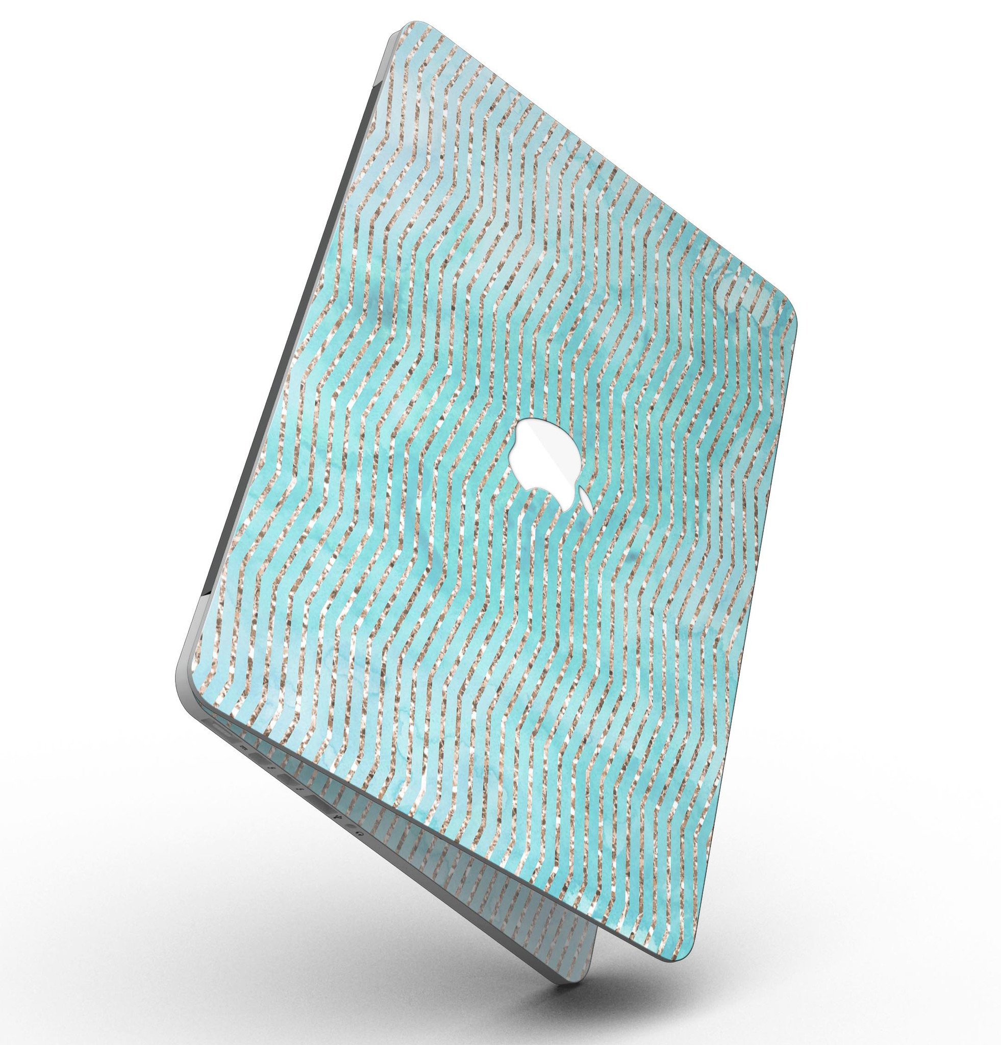 Blue-green watercolor and gold glitter chevron skin for MacBook Pro, showcasing vibrant colors and stylish design.