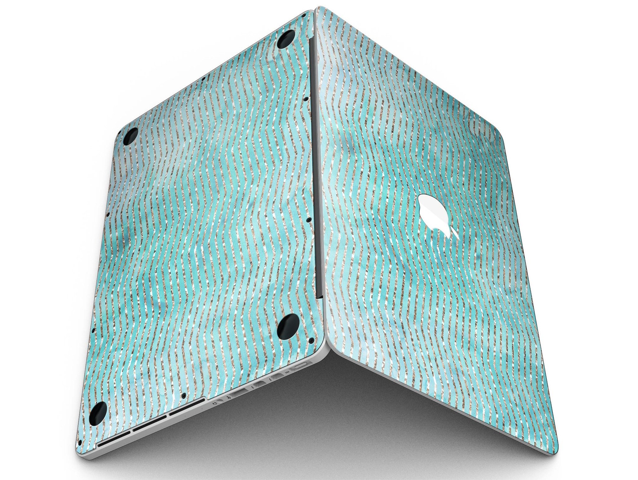 Blue-green watercolor and gold glitter chevron skin for MacBook Pro, showcasing vibrant colors and stylish design.