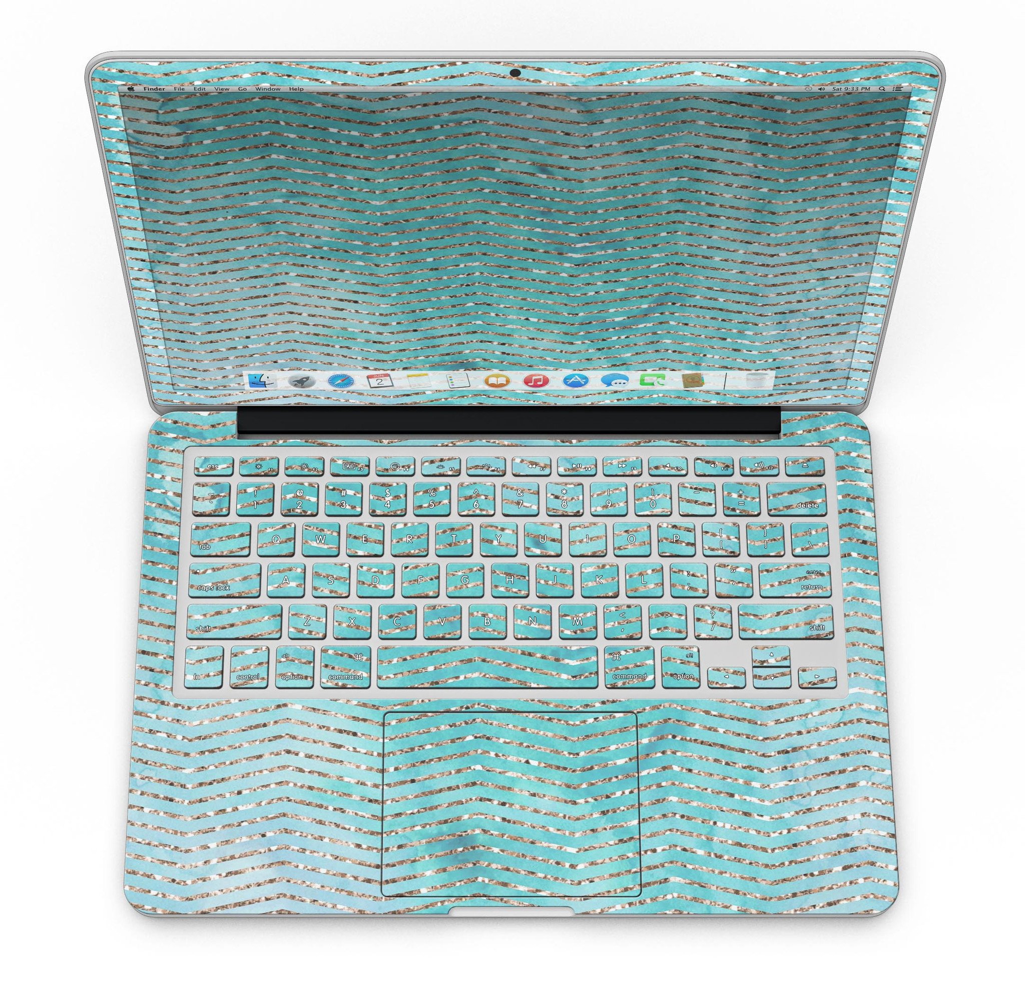 Blue-green watercolor and gold glitter chevron skin for MacBook Pro, showcasing vibrant colors and stylish design.