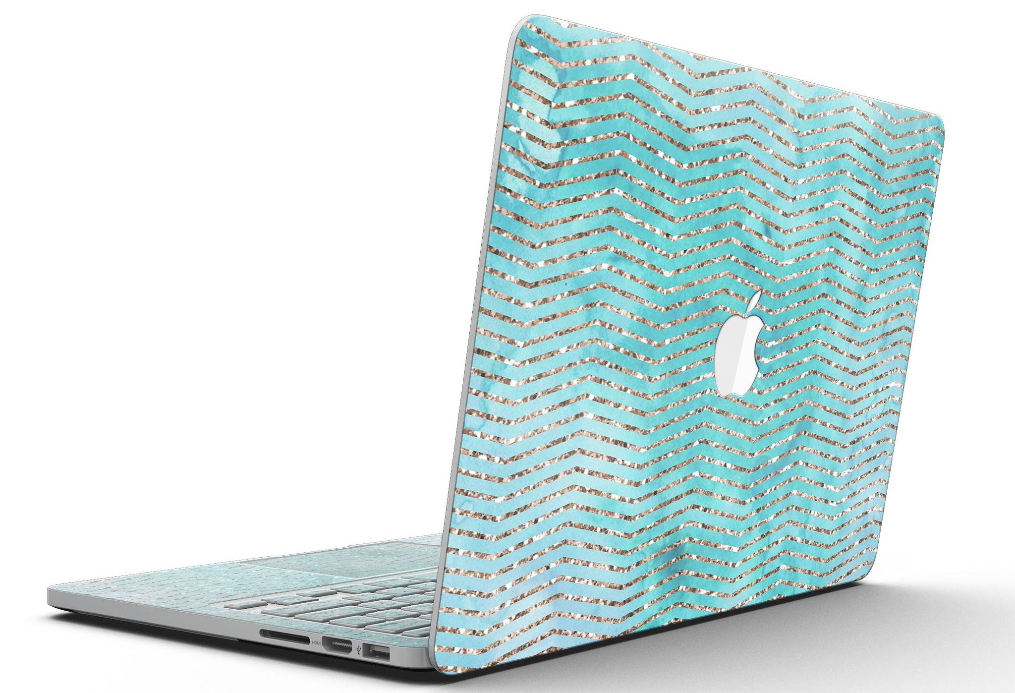 Blue-green watercolor and gold glitter chevron skin for MacBook Pro, showcasing vibrant colors and stylish design.