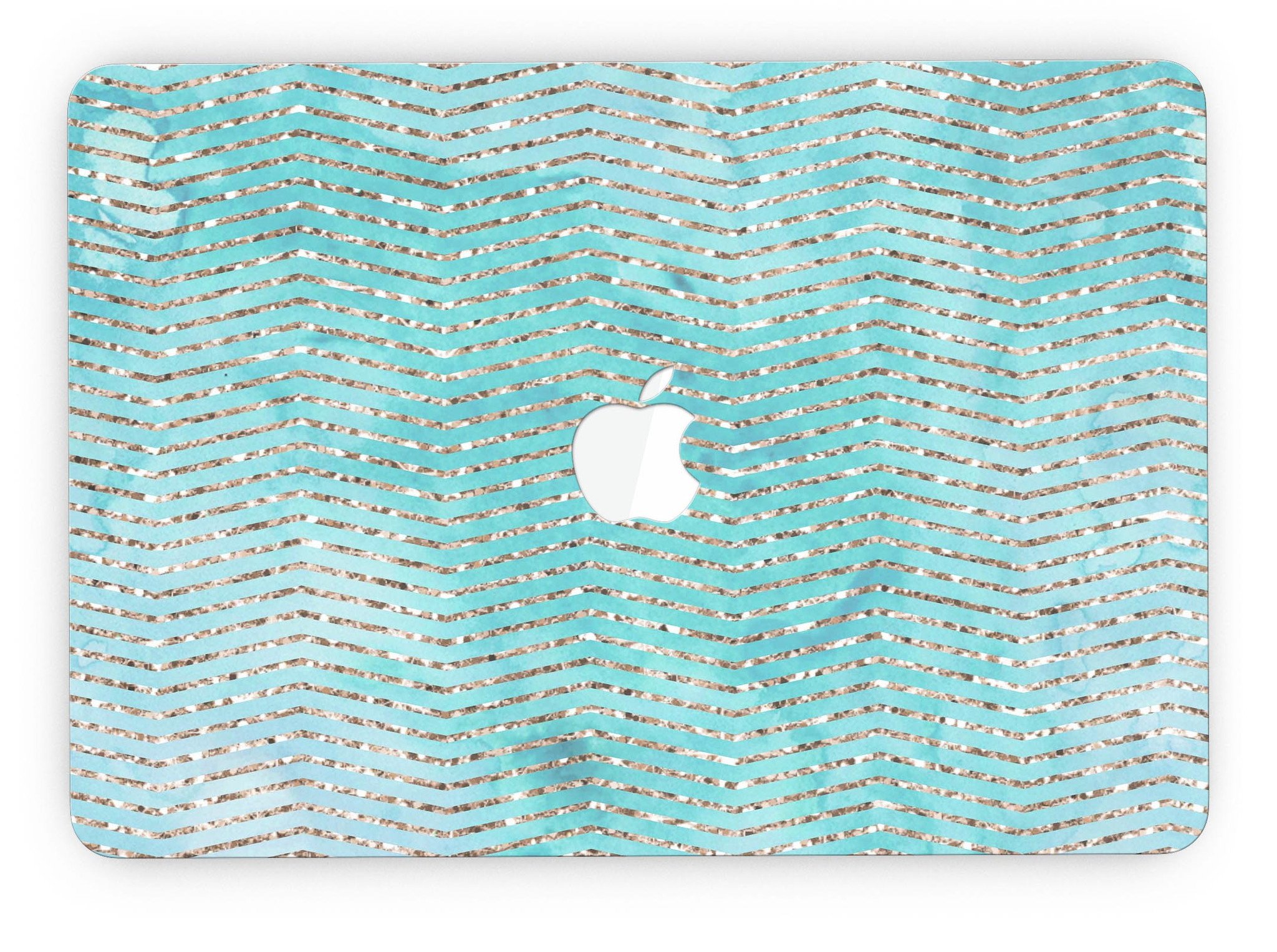 Blue-green watercolor and gold glitter chevron skin for MacBook Pro, showcasing vibrant colors and stylish design.