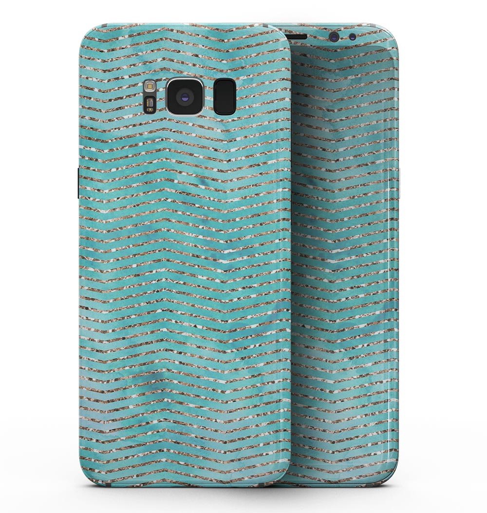 Samsung Galaxy S8 with Blue-Green Watercolor and Gold Glitter Chevron skin, showcasing vibrant colors and stylish design.