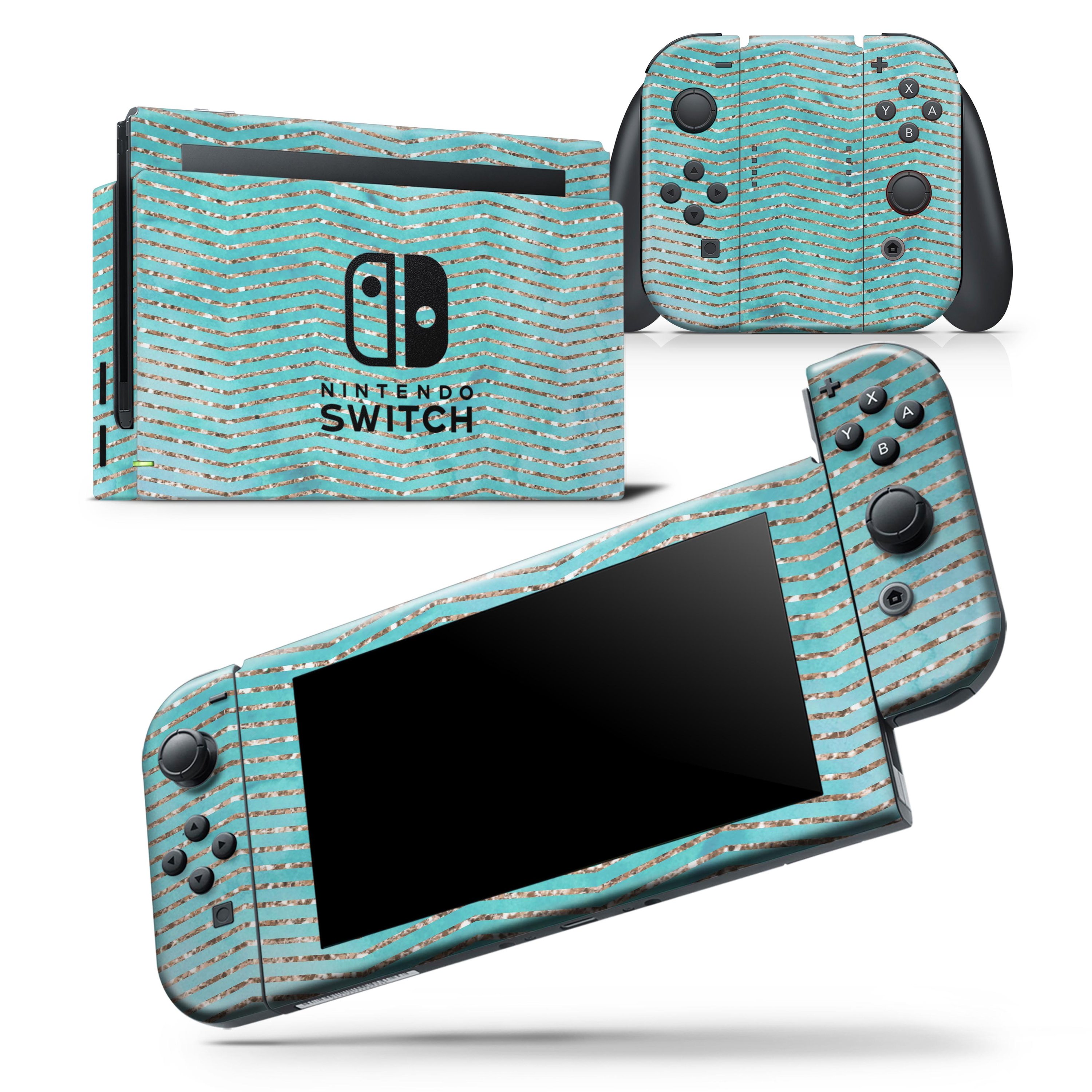 Blue-green watercolor and gold glitter chevron skin wrap decal for Nintendo Switch, showcasing vibrant colors and stylish design.