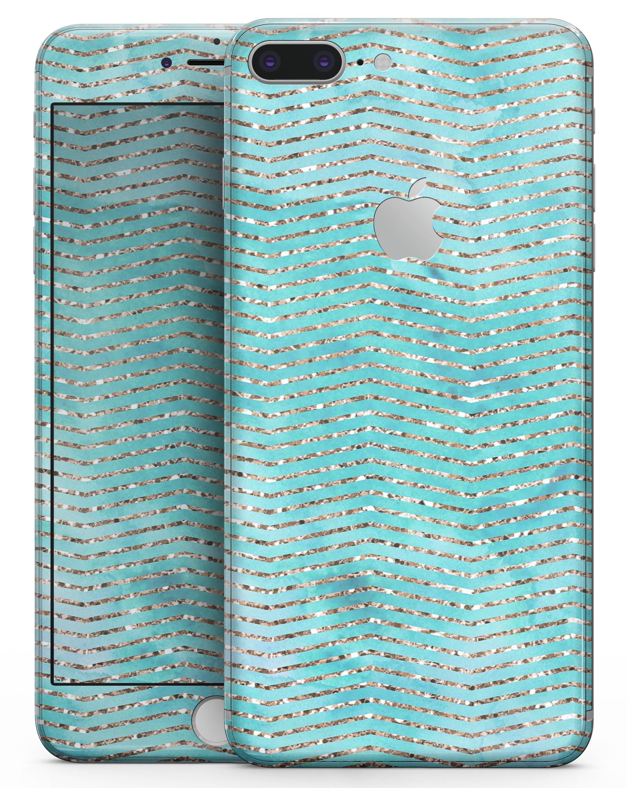 Blue-green watercolor and gold glitter chevron skin for iPhone 8 and 8 Plus, showcasing vibrant colors and stylish design.