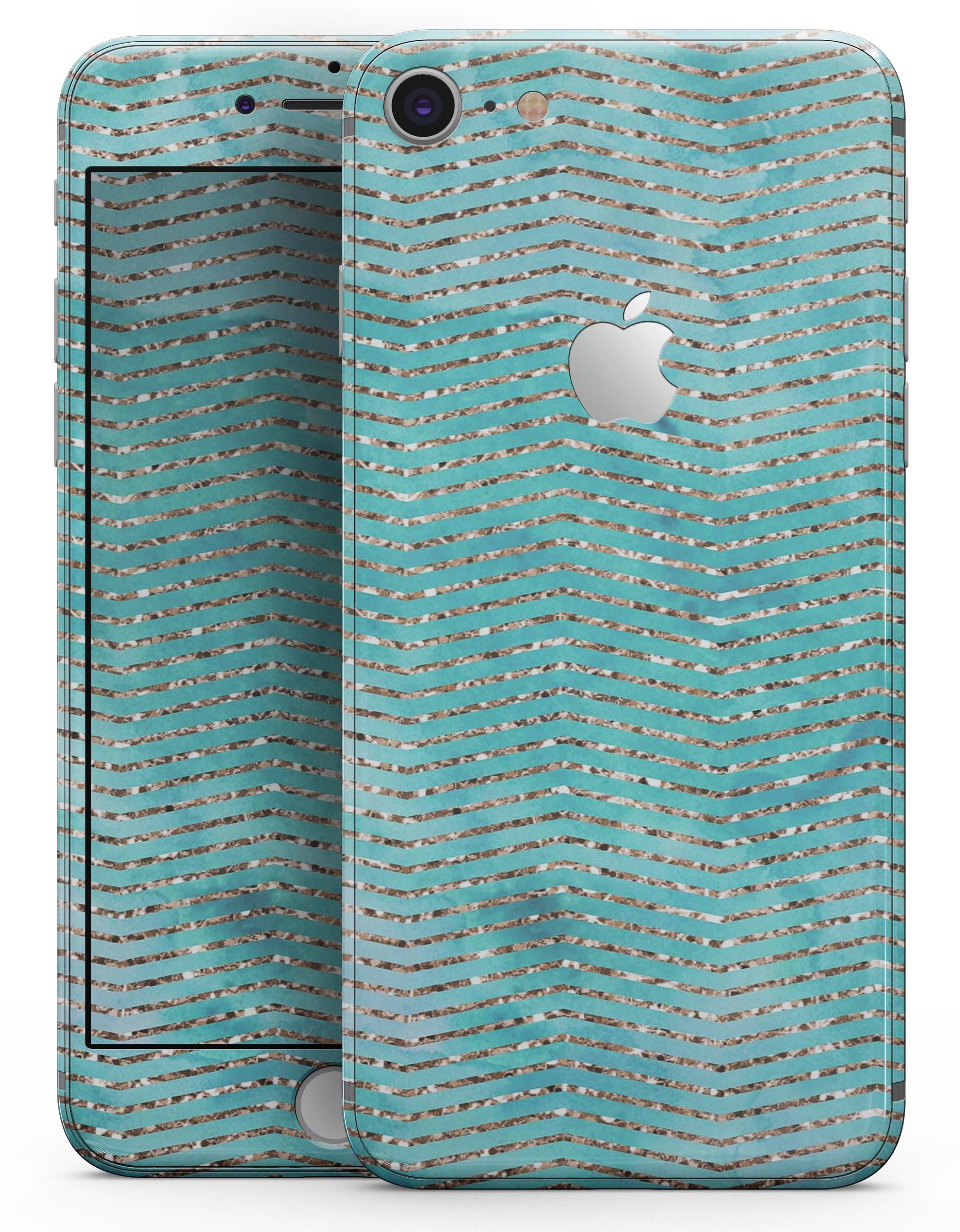 Blue-green watercolor and gold glitter chevron skin for iPhone 8 and 8 Plus, showcasing vibrant colors and stylish design.