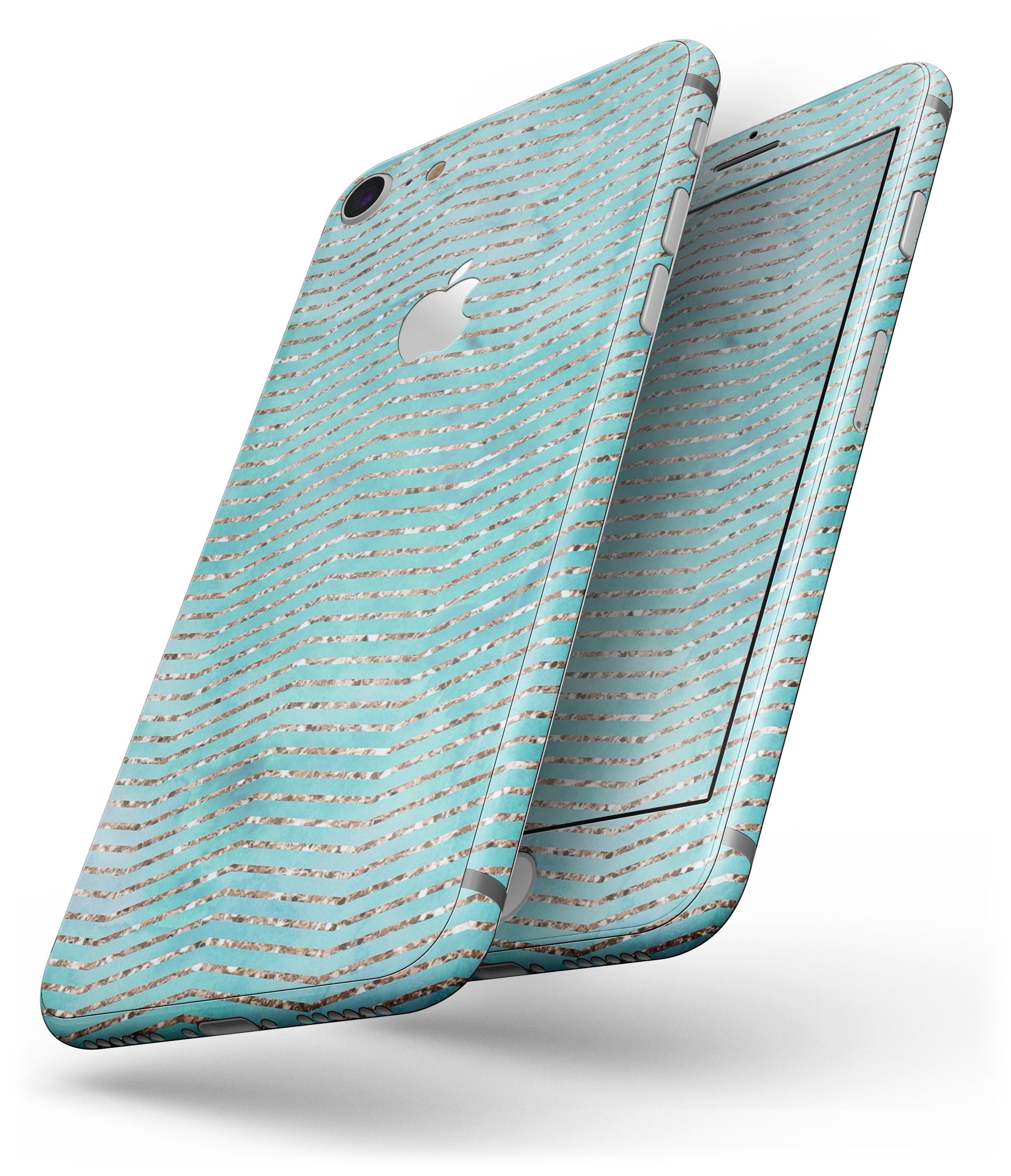 Blue-green watercolor and gold glitter chevron skin for iPhone 8 and 8 Plus, showcasing vibrant colors and stylish design.