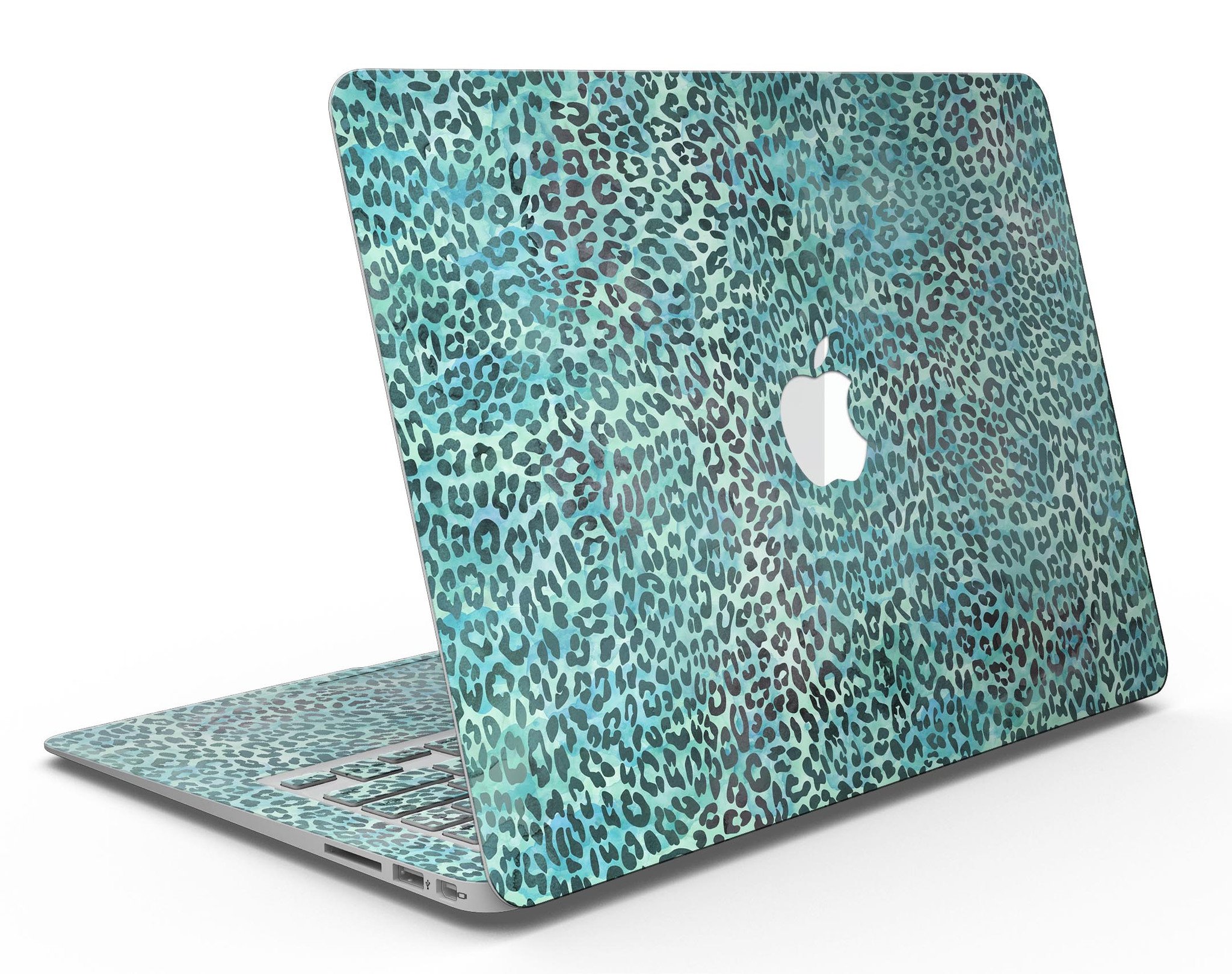 Blue-green watercolor leopard pattern skin for MacBook Air, showcasing vibrant colors and stylish design.