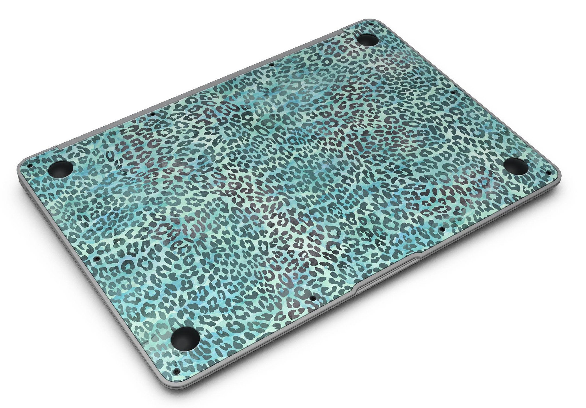 Blue-green watercolor leopard pattern skin for MacBook Air, showcasing vibrant colors and stylish design.