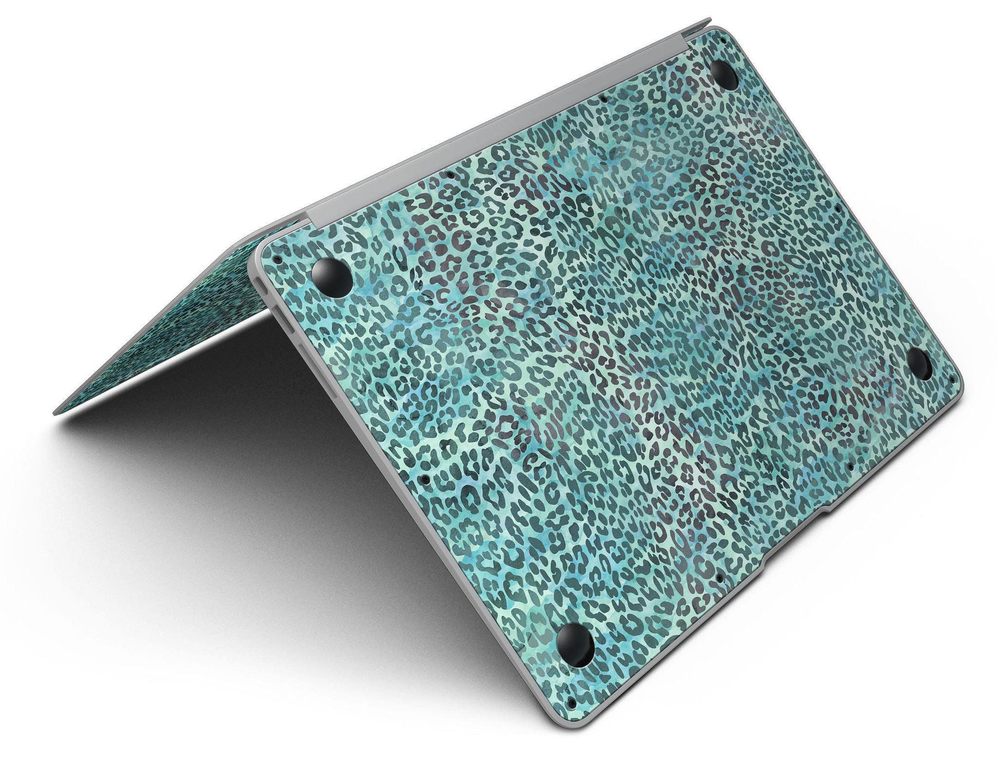 Blue-green watercolor leopard pattern skin for MacBook Air, showcasing vibrant colors and stylish design.