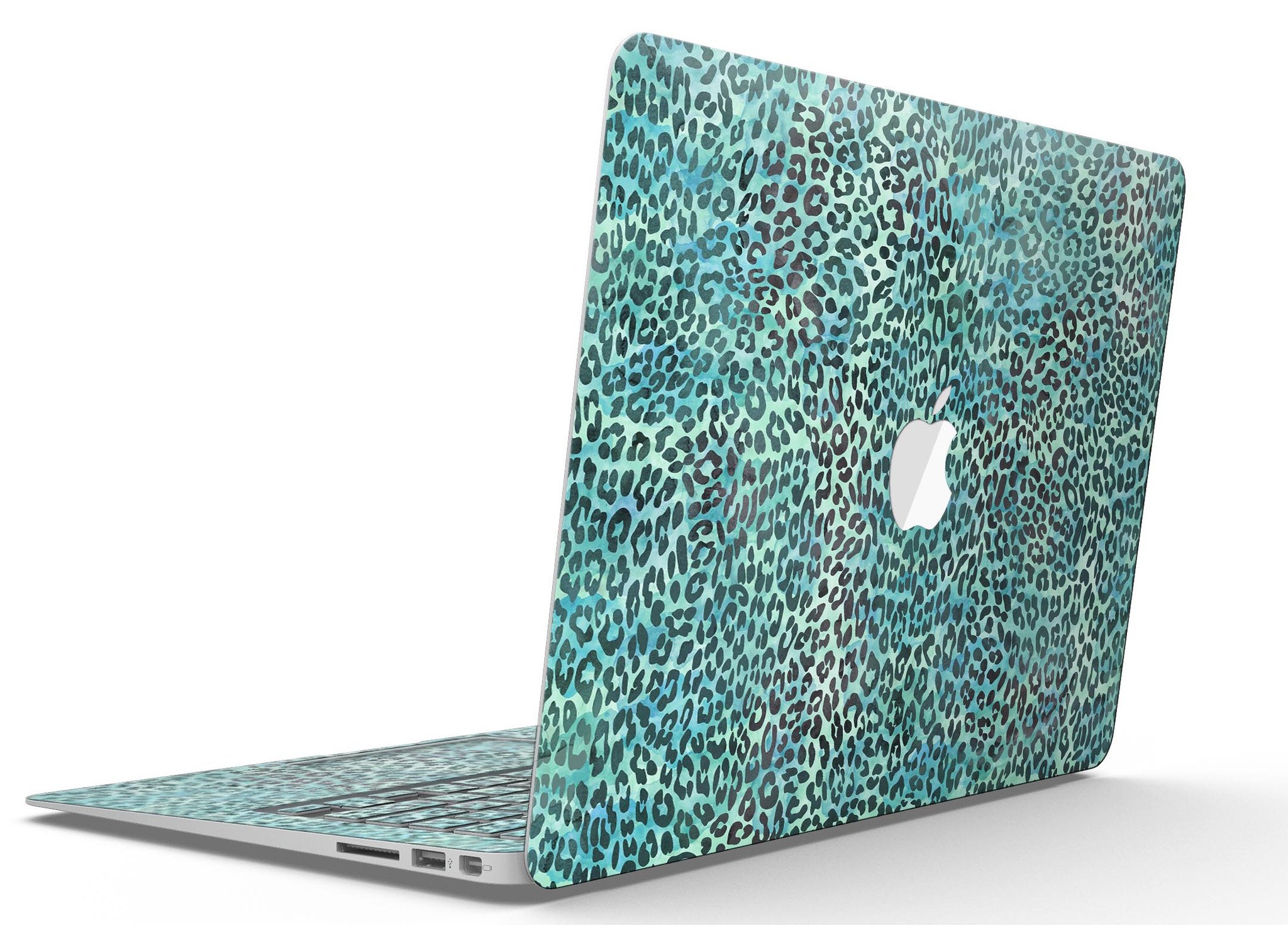 Blue-green watercolor leopard pattern skin for MacBook Air, showcasing vibrant colors and stylish design.