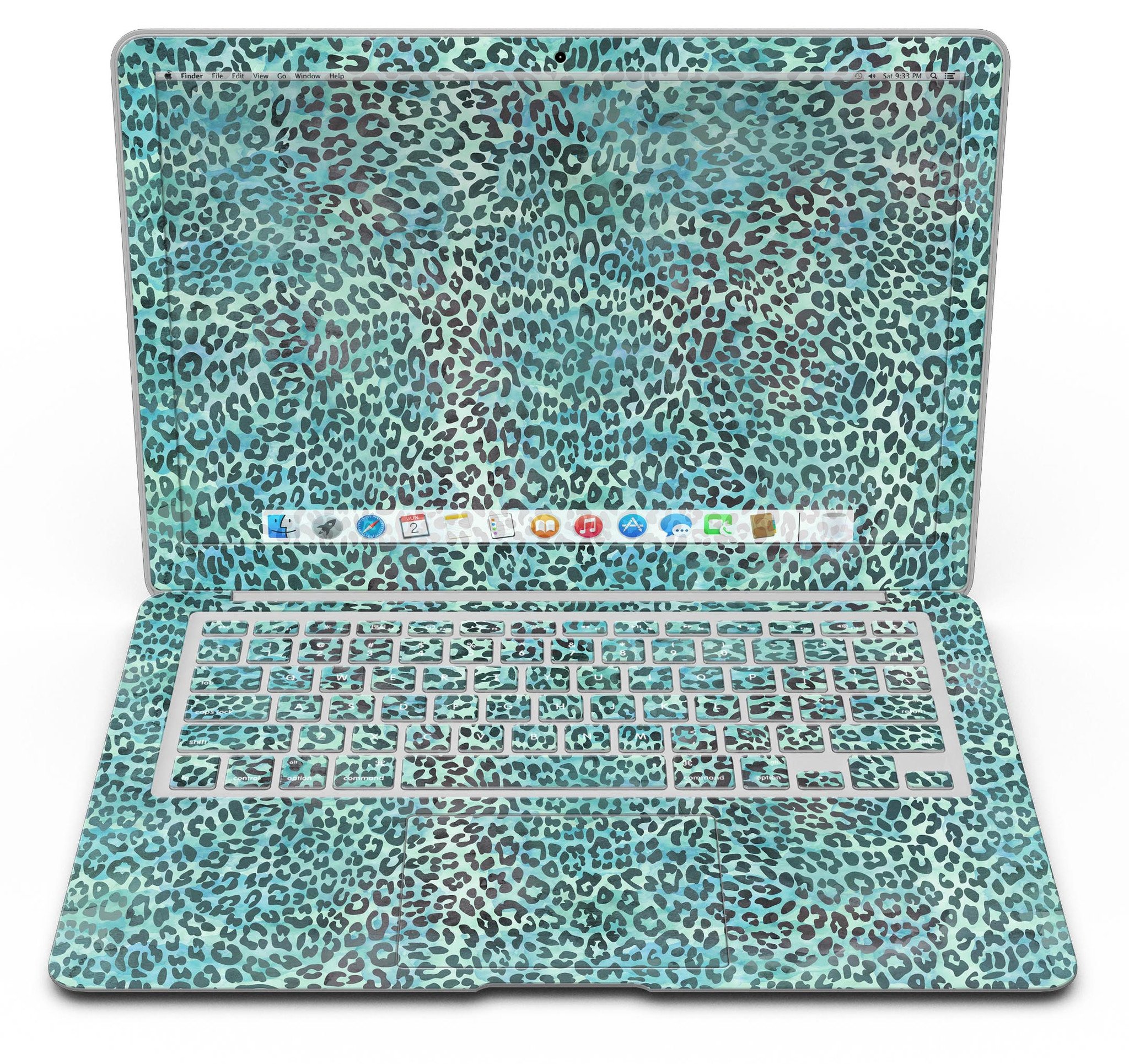 Blue-green watercolor leopard pattern skin for MacBook Air, showcasing vibrant colors and stylish design.