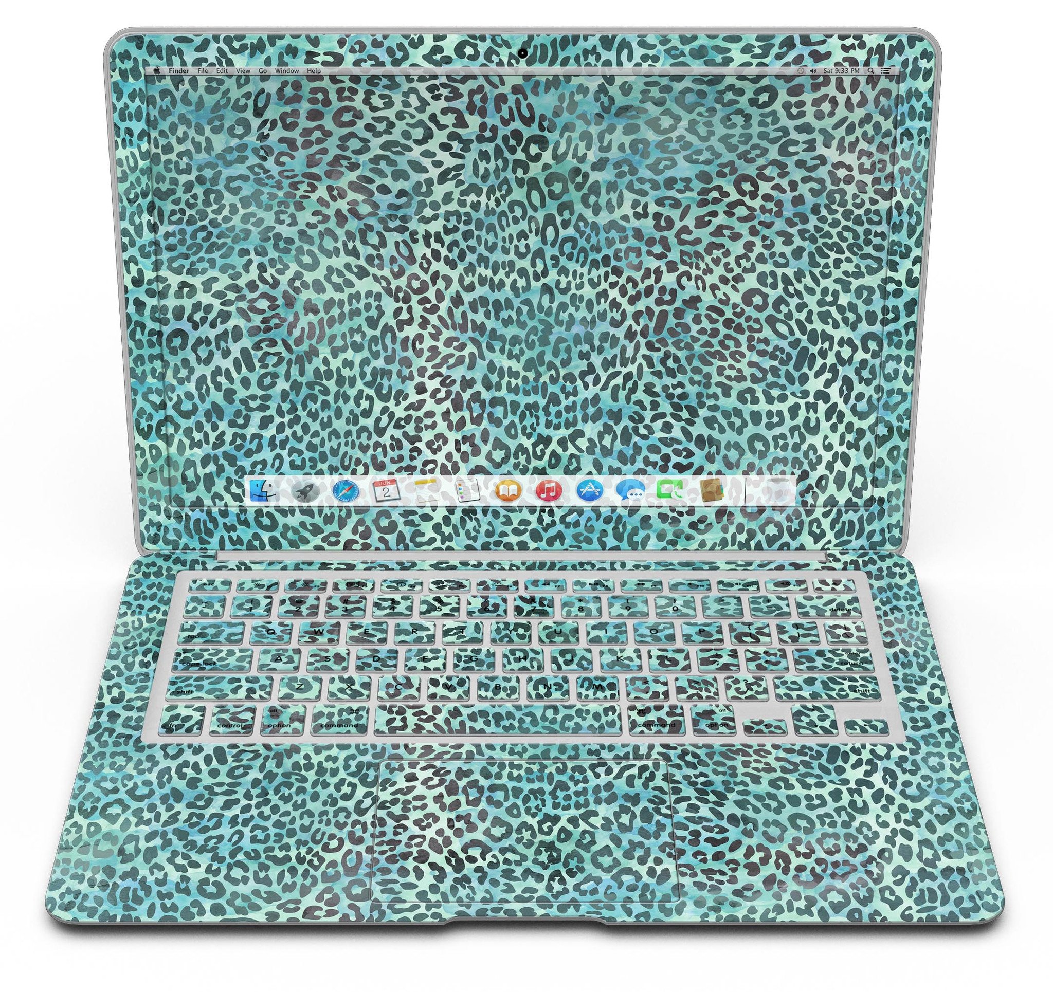 Blue-green watercolor leopard pattern skin for MacBook Air, showcasing vibrant colors and stylish design.