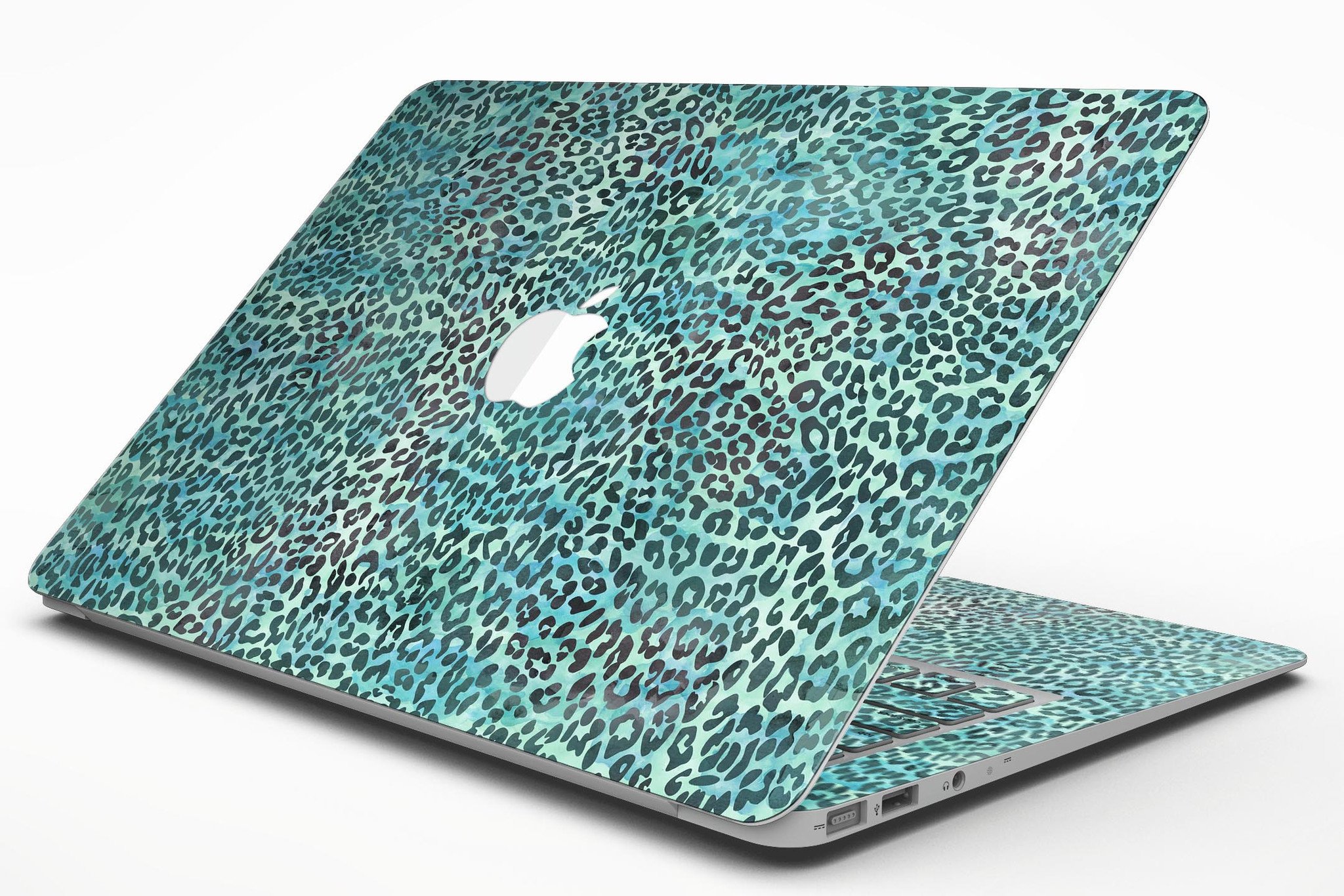 Blue-green watercolor leopard pattern skin for MacBook Air, showcasing vibrant colors and stylish design.